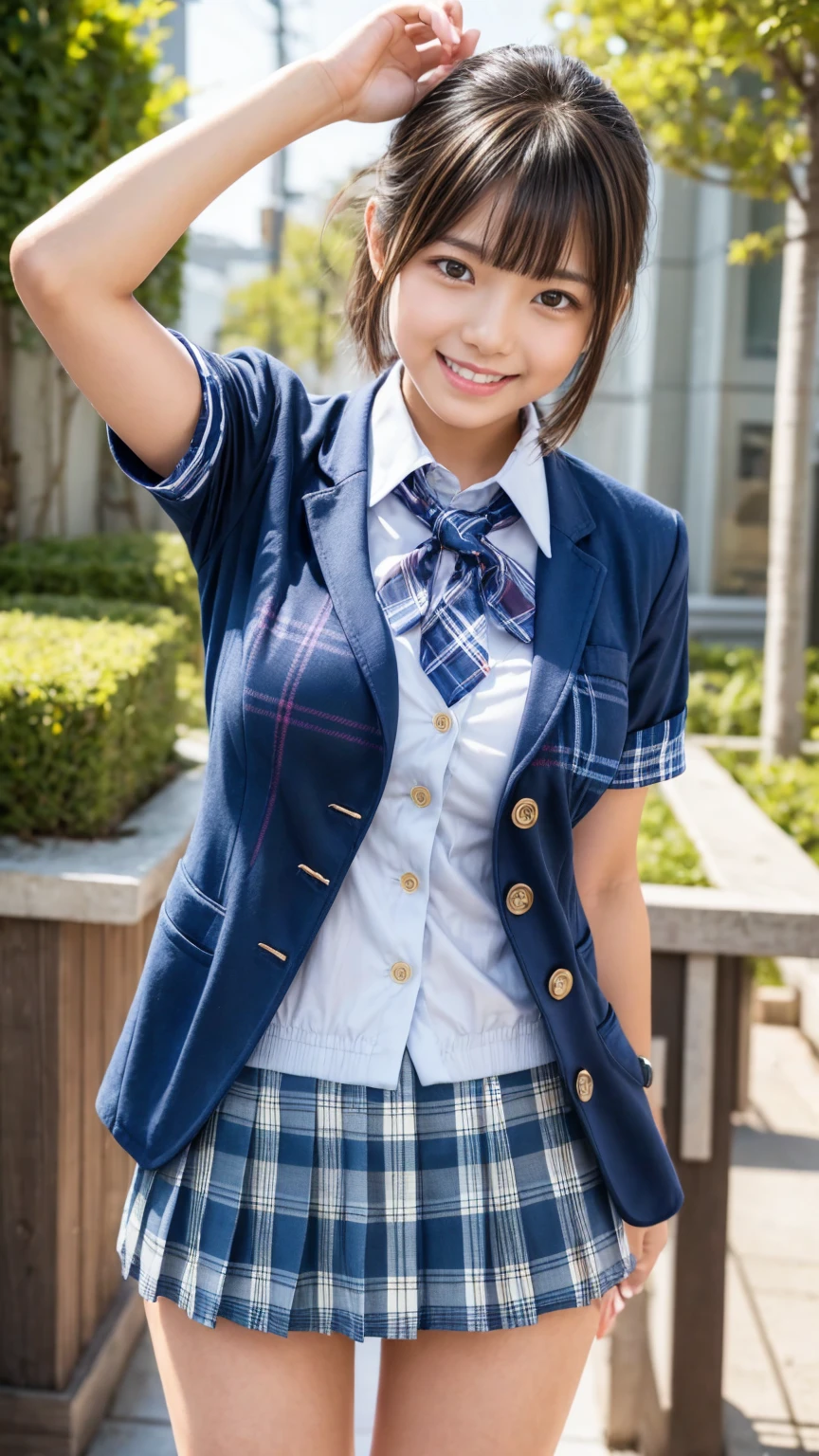 masterpiece、High resolution、Japanese Girls、12 years old、low length、Turn around and look at me、Show me your underwear、Thin panties((school uniform、blazer、Checked Skirt))Young Face、Smile