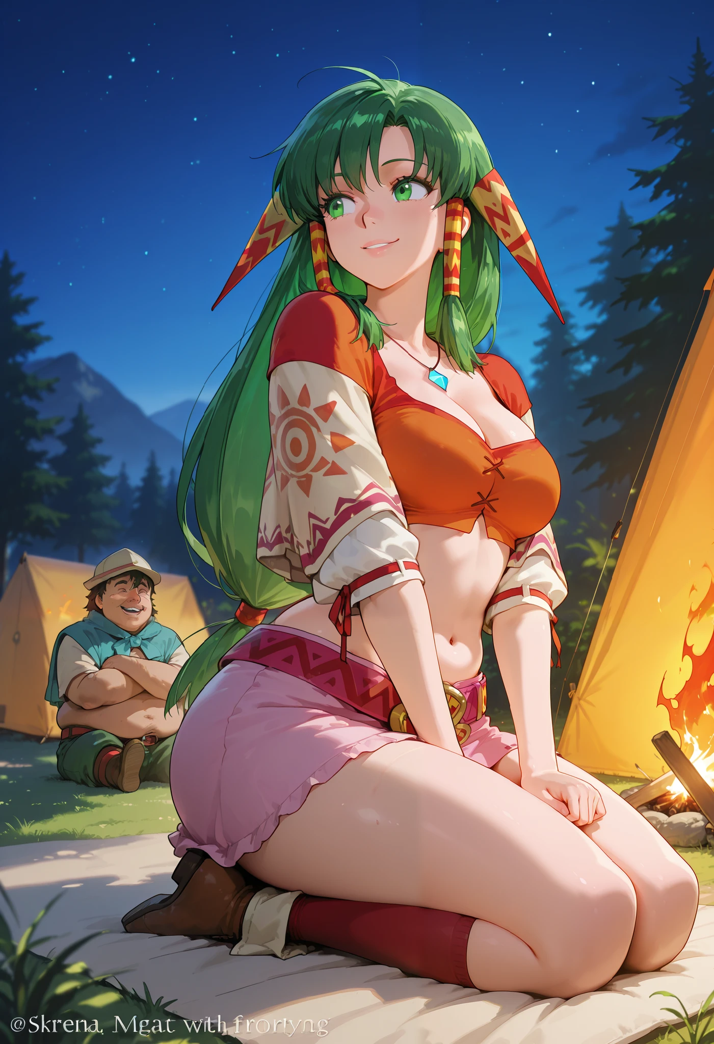 26 yo, face look alike to feena from \(Grandia\), Beautiful Mature young milf, (mature woman with lean perfection abdomen), sweet sweet expression, large natural breasts, Curvy body, outdoor, camping tent, obon fire with juicy skrewed-meats, feena is sitting in seiza style befor the obon fire, seiza, smiling her hands warming up before the fire, solo, smile, (Feena is chatting with paunchy fat ugly man fellow adventurer:1.2), 1girl, 1fatoldman, chatting, BREAK, She wears an orange bra top that leaves her abdomen exposed, paired with a small short pink skirt held up by a thin red belt. Covering her arms is a tan-colored shawl adorned patterns on both sleeves. Her long green hair flows down her back, with some sections tied through two patterned hair accessories. She completes her ensemble with ripped red socks that extend past her knees and brown shoes featuring tribal patterns similar to those on her belt and shawl, official arts, dynamic jrpg view, fantastic fantasy vibrant background, surrounded by night sky and exotic plants and absurd looking flora,