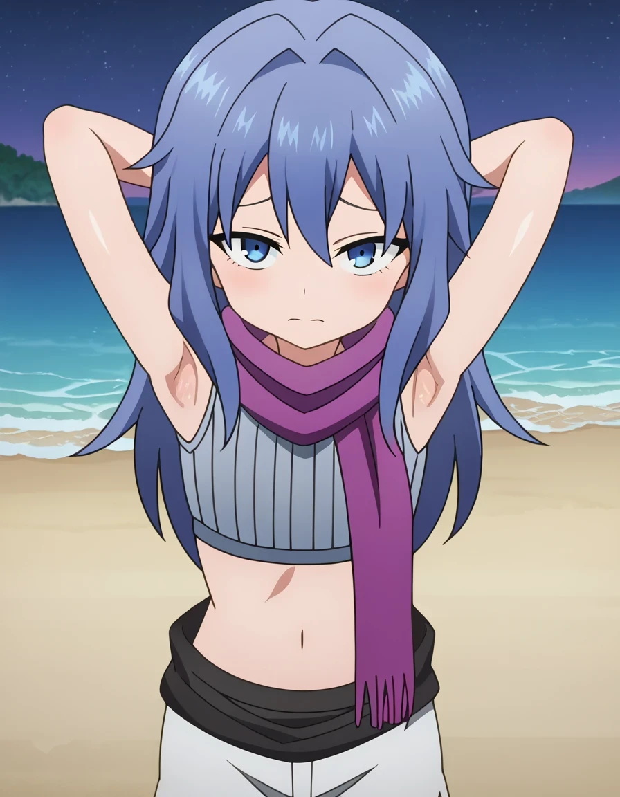Hagi, blue eyes, blue hair, long hair, crop top, sleeveless, purple scarf, shorts, anime screencap, shiny skin, high quality, solo, looking at viewer, upper body, (contrapposto),spread armpit, presenting armpit, looking at viewer, closed mouth, night sky, beach, looking at viewer, shy, best quality