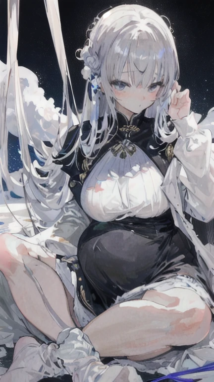 one pregnant anime girl with white hair and red eyes, chained and laying on a bed. Sad. breast feeding