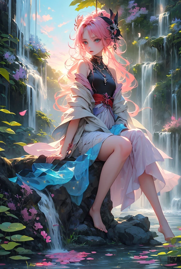 1girl, cute, slender, round face shape with angular jaw, blonde with bangs, grey eyes, topless, nude, picking wet pink colorful mushrooms in a celestial forest, colorful sunshine, stripe socks, pink skirt, windy