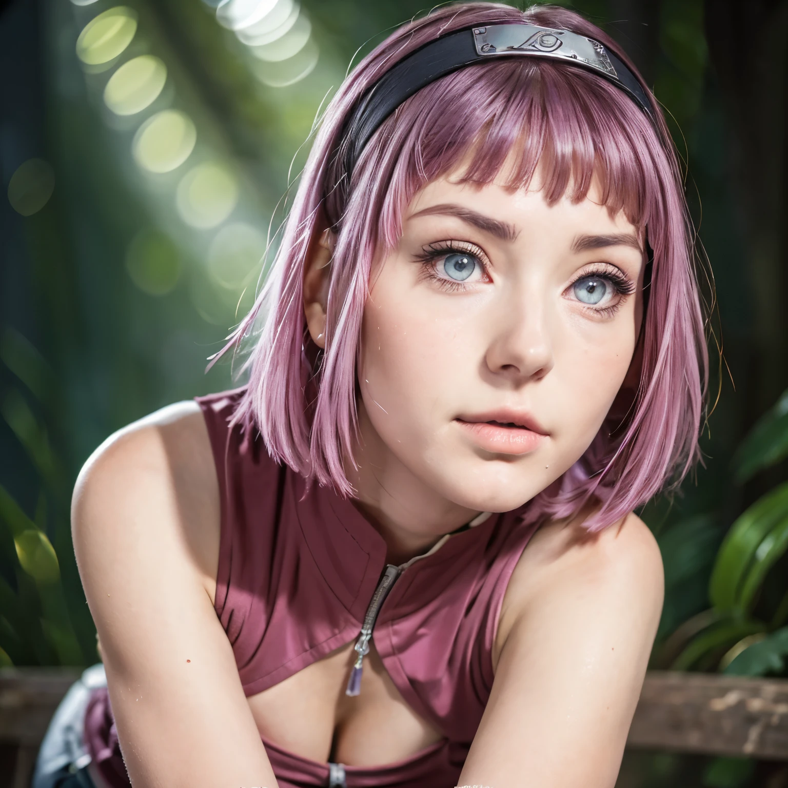 haruno sakura, naruto \(series\), naruto shippuuden, 1girl, accurate konohagakure symbol, bangs, breasts, closed mouth, elbow sleeve, eyes visible through hair, floating hair, forehead protector, foreshortening, green eyes, hair intakes, hairband, looking at viewer, parted bangs, pink hair, red shirt, shirt, short hair, sleeveless, sleeveless shirt, small breasts, solo, upper body, v-shaped eyebrows, a sharp nose, white skin, and a soft face, (best quality, highres:1.2), 1girl, beautiful detailed eyes, beautiful detailed lips, extremely detailed eyes and face, long eyelashes, medium, HDR, studio lighting,  sharp focus, physically-based rendering, extreme detail description, portraitig small breasts, perfect shape,  facing viewer, sweaty, gorgeous,  appearing in full frame, sleeveless turtleneck, ung girls, good-looking, Beautiful fair skin and luster, Beautiful eyes are big and bright, Small mouth and thin lips,  Goodness of style and slendernes beautiful small breast:1.4),  beautiful girl illuminated by seven colors of light, Irridescent color, dynamic pose, show vagina, vagina gape, squirt vagina hairly, wide open legs, super wet water, show nipples in small breasts, shadow +10.0, exposure +1.5, soft lighting body.