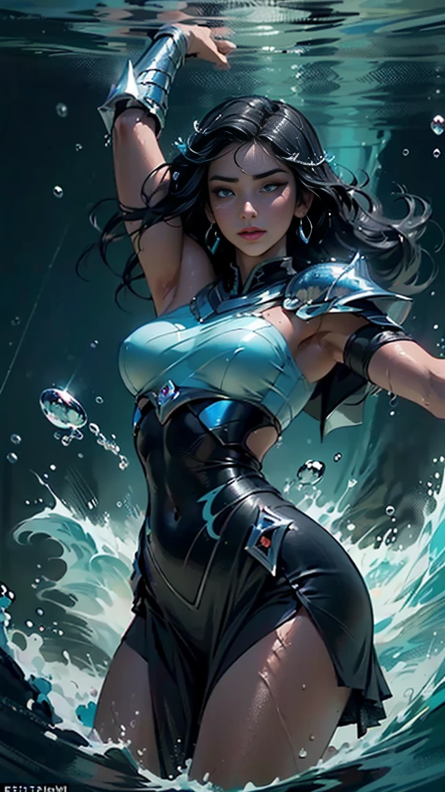 (masterpiece,highest quality,Optimal,Official Art,Beautiful and beautiful,exposed for a long time:1.2),Smooth movement,Attractive patterns,One person girl,Adult female,Perfect Skin,Jade Eyes,Black leafy hair,Sports Late,solo,Upper body,Staring at the observer,Detailed Background,Detailed face,(Crystal AI,Crystal theme:1.1),Elemental Water Elves,渦巻くwater,water管理,Fantasy Magician Costume,Dynamic Pose,Suspended particles,Aether Dynamics, water,humid,Background sea,Bluish,coastal,A fantastic atmosphere,。Black Hair。Full Face。water中で