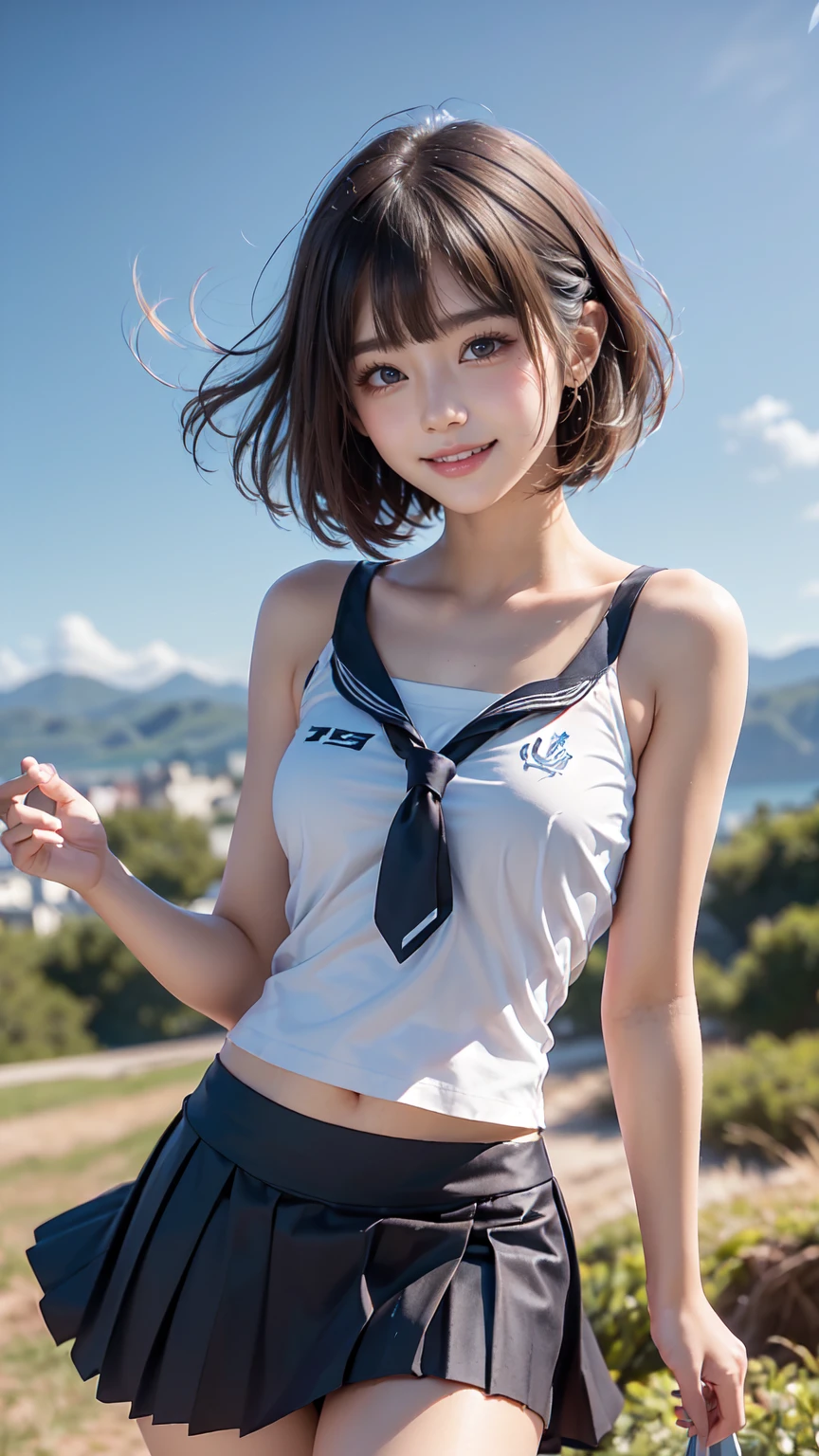 (((Crouch with your legs open:1.3))),Smile full of happiness、((Looks happy:1.3))、kindly smile、Panting face、Lacking、Sweating、Expression in a state of excitement、short-hair、((eye glass))、Genital exposure、(((The cleft in the crotch is fully visible..:1.3)))、18Old Beautiful Girl、女の子1人、独奏、White polo shirt、White sneakers、Tennis Wear、White mini skirt、masterpiece、top-quality、realisitic、Hyper-detailing、(Glossy skin、be sweaty:1.4)、absurderes、Looking at the camera、short dark hair、Brown-eyed、A slender、动态照明、hight resolution、foco nítido、depth of fields、A detailed eye、Sharp eyes、Realistic eyes、(small tits:1.6)、(thick thight:1.0)、outside of house、Skysky