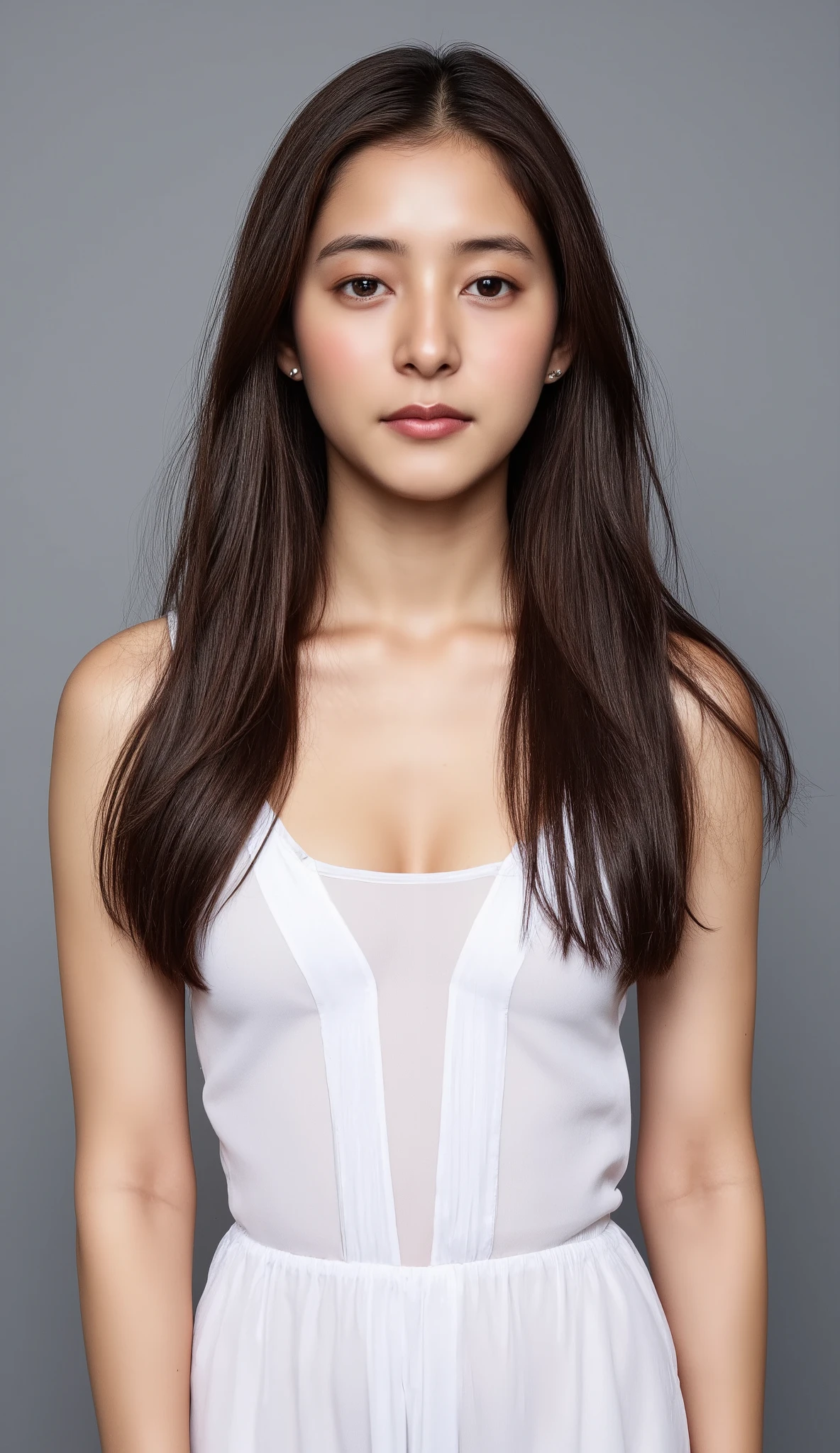 medium full shot of beautiful asian girl  with long  hair, wearing sleeveless transparent white dress, covered nipples, gray background, studio lighting, necklace, dslr, studio lighting, high quality, film grain, light reflections, blood vessels, pale skin, skin pores,blood vessels in sclera, detailed skin, beauty spots, skin fuzz,. 