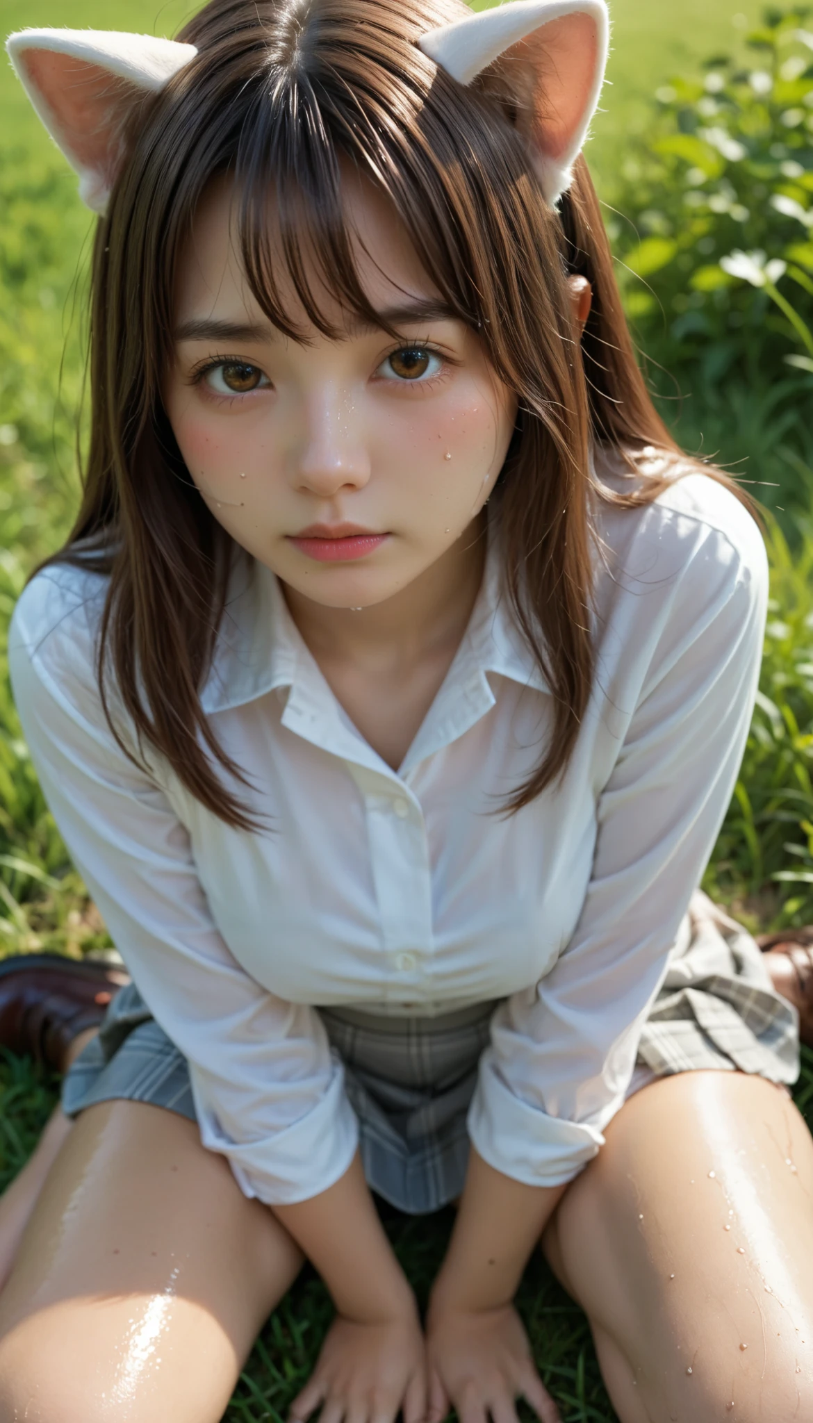 loafers in white, green back, Cat-Eared Girl, (Japanese Gal), (plain Japanese face ), highly detailed skin, best quality, super detailed face, brown eyes, vibrant colors, ((Curvaceous body)), one girl, Alone, shy and cry and (angry:0.1) and hot and confused, Brown Hair, skirt, white shirt, a red ribbon, hugging knee, (((sweat))), oily skin, sit on grasses, wet ground, beautiful thighs, ((embarrassing)), Play, (Close up on white panties), Shiny thighs, wet white panties, love juice, pussy juice, (Leg spread with pov his hand),