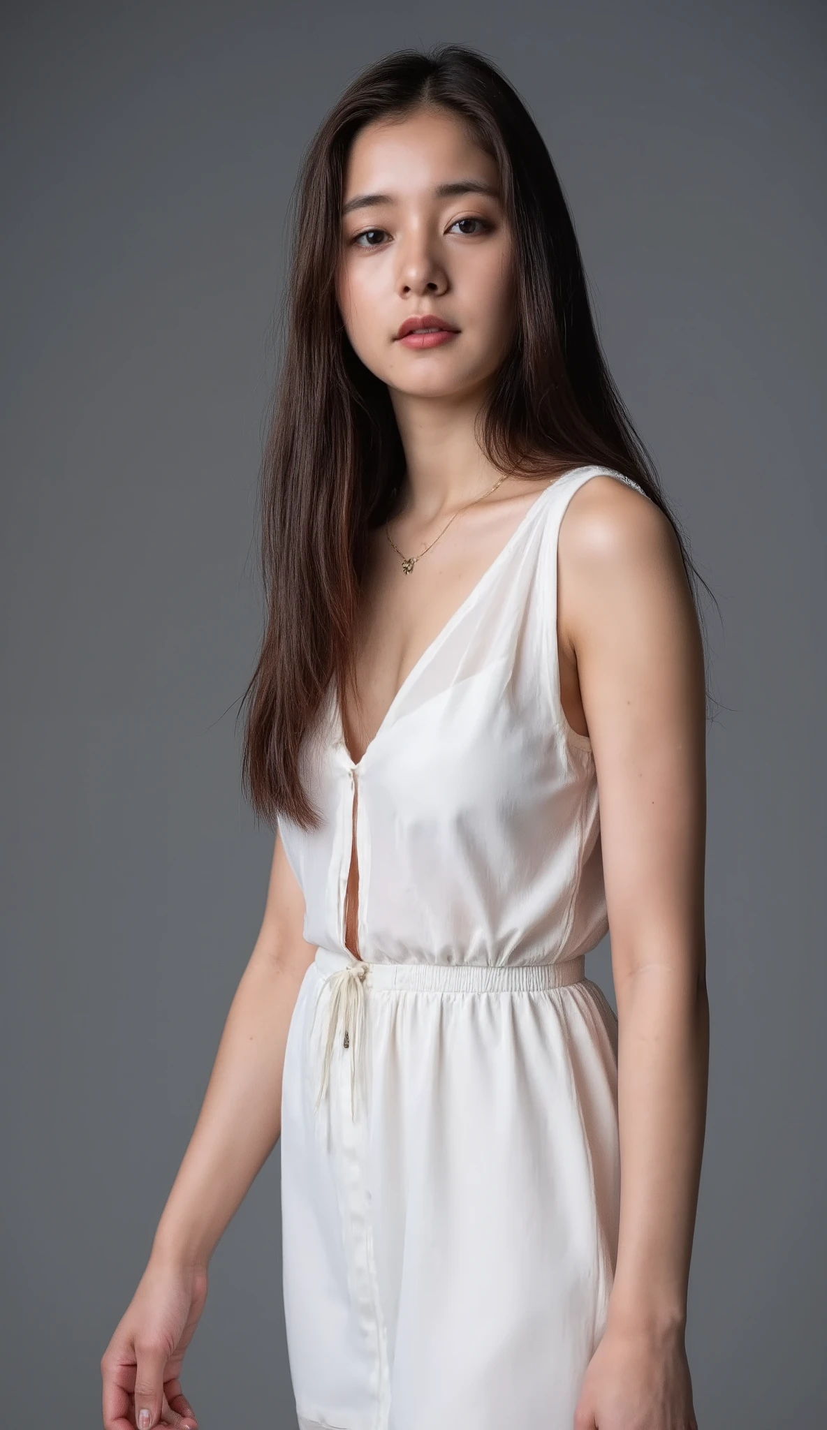 medium full shot of beautiful asian girl with long hair, wearing sleeveless transparent white dress, covered nipples, gray background, studio lighting, necklace, dslr, studio lighting, high quality, film grain, light reflections, blood vessels, pale skin, skin pores,blood vessels in sclera, detailed skin, beauty spots, skin fuzz,.
