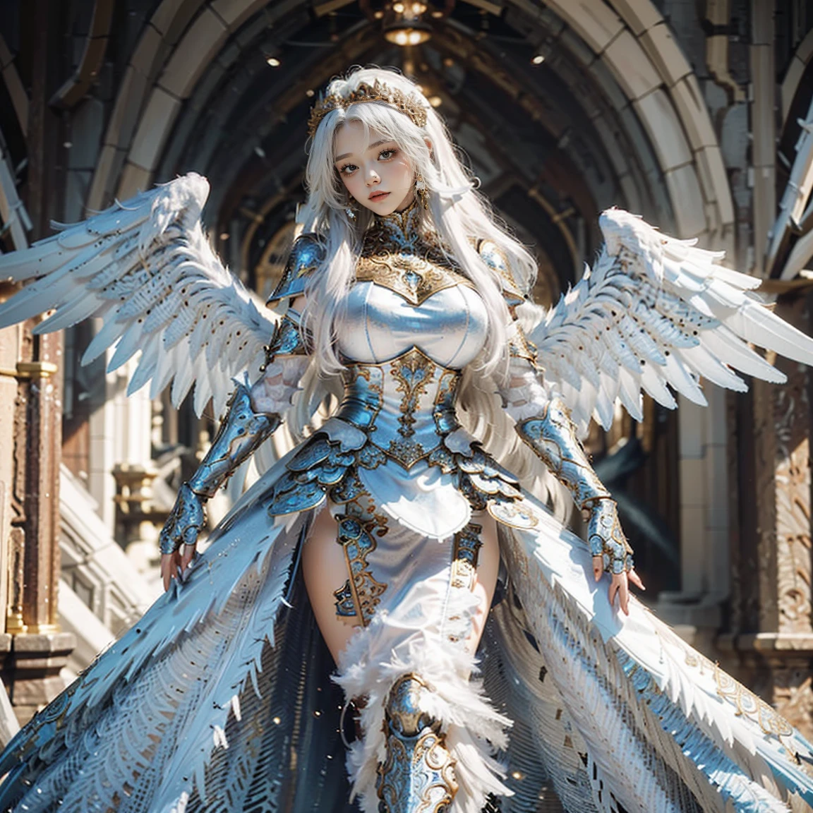 arafed woman dressed in a costume with wings and a sword, ornate cosplay, angel in plastic armor, stunning armor, as a mystical valkyrie, from lineage 2, villainess has black angel wings, angel knight gothic girl, costume with blue accents, wearing fantasy armor, dark feathered wings, mystical atlantean valkyrie, epic angel wings, beautiful armor, (masterpiece, best quality:1.2), (8k uhd, 16k, 32k, ultra high res, ultimate-realistic, ultimate-realistic details, ultimate-realistic texture, ultimate-realistic lighting, ultimate-realistic shadow, ultimate-realistic eyes, white hair, shining white hair, long white hair