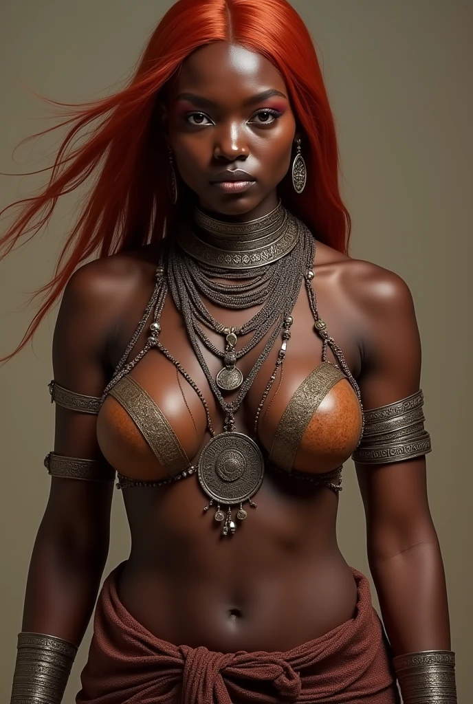 Create a generative painting (total nude) that captures the unique beauty and complexity of punk-goth female Nubian tribe full body without clothes ((absolutely nude)), asian eyes and nose, tribal feathers, tribal beads, tattoos, enamel, ceramic jewellery, trending on artstation, sharp focus, studio photo, intricate details, highly detailed, 32K resolution, perfect composition, perfect face, ultra detailed