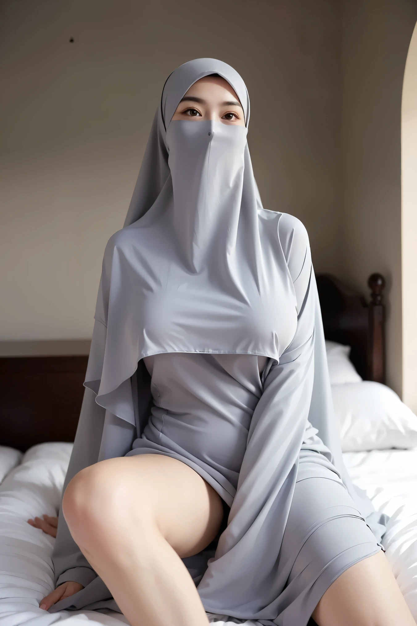  a beautiful young woman hijab, wearing long veil (((big breast))), (breast uncovered),Large open neckline、thigh legs, perfect face, (((no clothes,))), curvy shaped body, 
cleavages,((( naked ))) fully naked, (((covering mouth, long veil))), ((fully naked))、large open neckline, Slim Face、2Face、20 years old, stil young, Pretty Lady,  smile eyes, bedroom, sitting, sensuality pose (big breast uncovered) , spread legs showing vagina, showing pussy, perfect vagina, cum sperm on a face, see full image