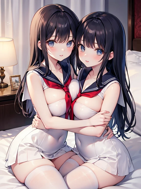 (The 8k quality, Highly detailed, masutepiece, Ultra-detailed),((twogirls))、japanes、a sailor suit、a miniskirt,((Sit across from each other)),(embracing each other),(Face to face Face),Staring at each other,a bed,Half-open lips、Beautiful、Embarrassed look,red blush(0.2)、Functional、seductiv、Trance、instigate、Beauty、bustup、Dramatic light、、Shoot diagonally down from the front、precise drawing、Detailed drawing、Precise anatomy、dress room、beatiful backgrounds,(NSFW:1.2)