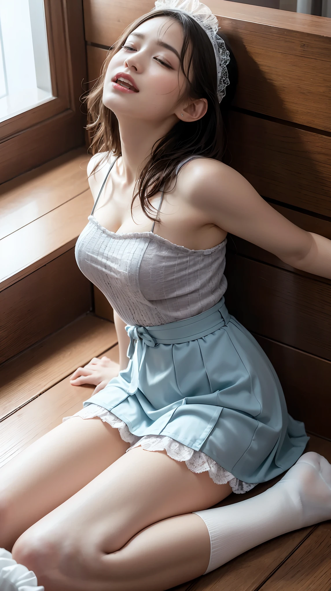 high-definition image, (((round face))), eyes realistic sizing, realistic skin, drooping eyes, smiling, ((various patterned feminine casual long dress)), squatting and spread legs, ((slut, touching crotch, self pleasure, (((highly detailed realistic texture panties))), (strong sunlight, old fashion), skyscrapers, bag, hair up, pubic hair, pubic hair sticks out of the panties, pubic hair is all over the lower belly, pubic hair up to the thighs, quite a lot of pubic hair, don't trim pubic hair, (((incontinent, peeing, humiliated))),