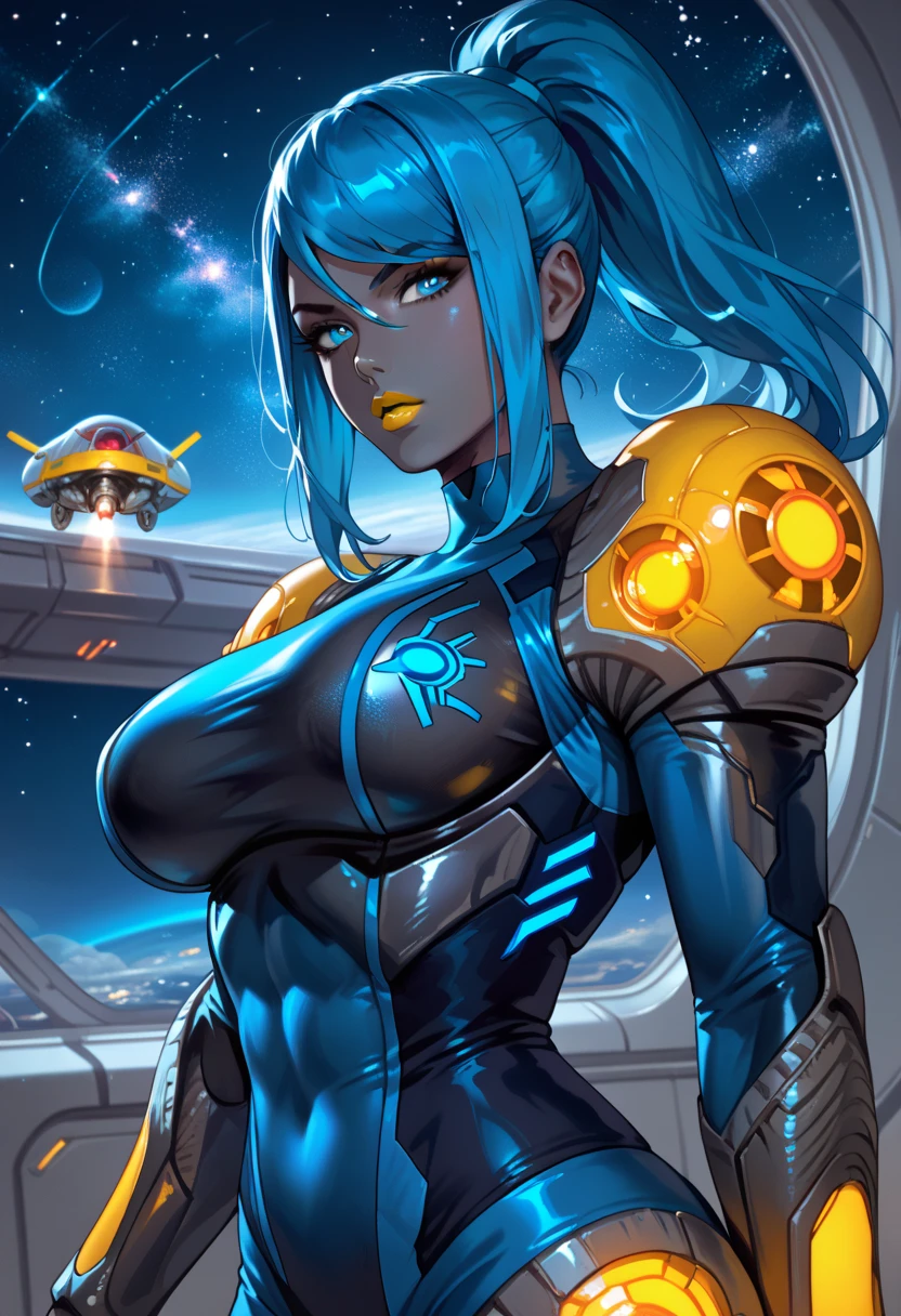 Best quality, 8K, woman retro super hero futurism, beautiful and detailed face, big eyelashes,LOOKING TO observer, ponytail,BLUE hair, long eyelashes, ORANGE leotard, cleavage, GOLD metalic details, DARK TAN pantyhose, sheer TAN gloves,sci-fi RETRO SPACESHIP scenario