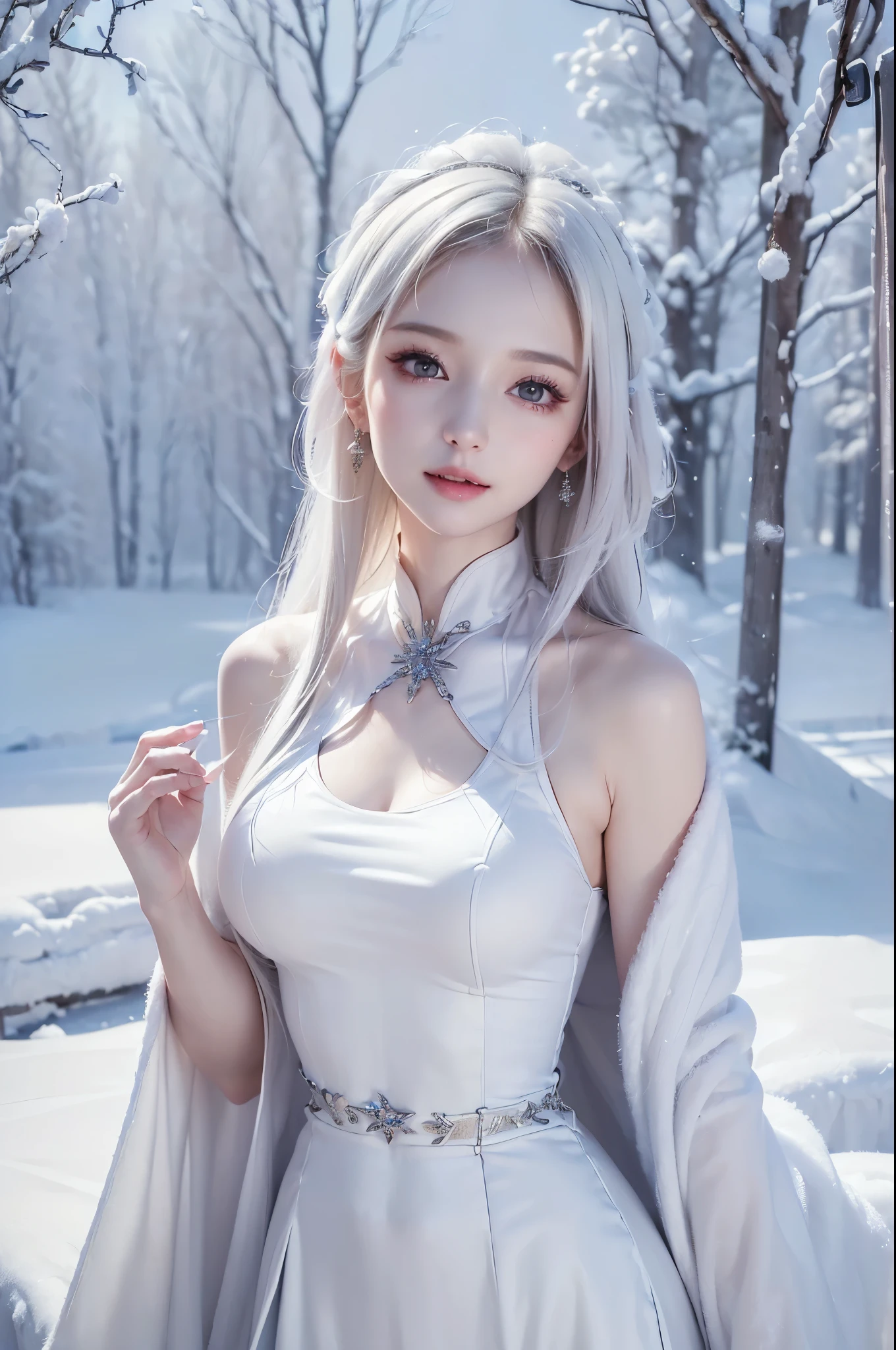 ((masterpiece:1.5、Very detailed、Realistic:1.4))((alone、winter girl、halter neck dress, Long skirt, Taking off her fur coat. Detailed face、brightexpression, Whiter skin、medium breasts, Best Looks、Ultimate beauty、white straight hair))(ruins)