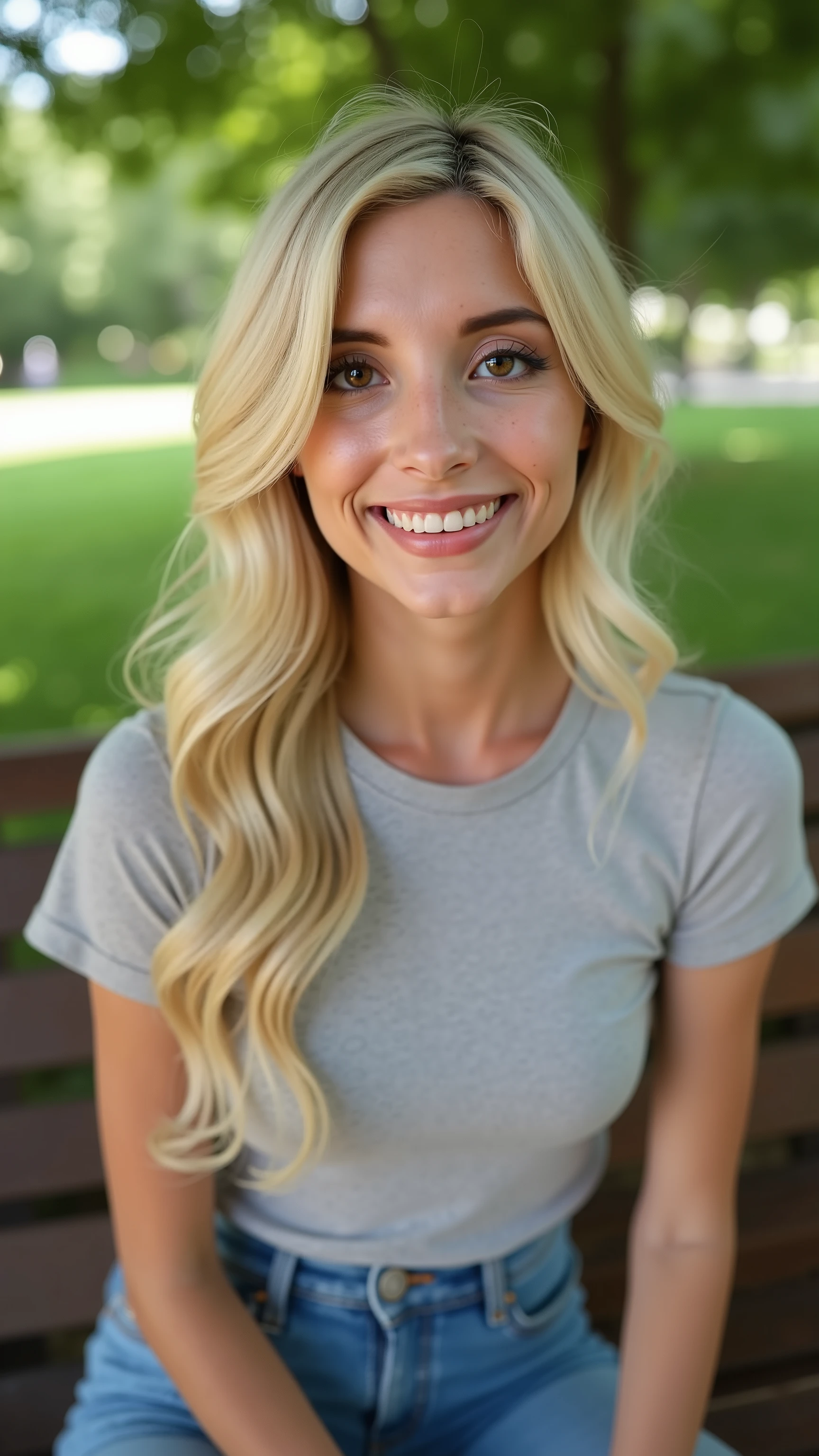 A highly detailed realistic photo of piperperri, young ite blonde woman in a t-shirt and jeans. Sitting on a park bench. headshot, close up on face. Smiling looking at viewer