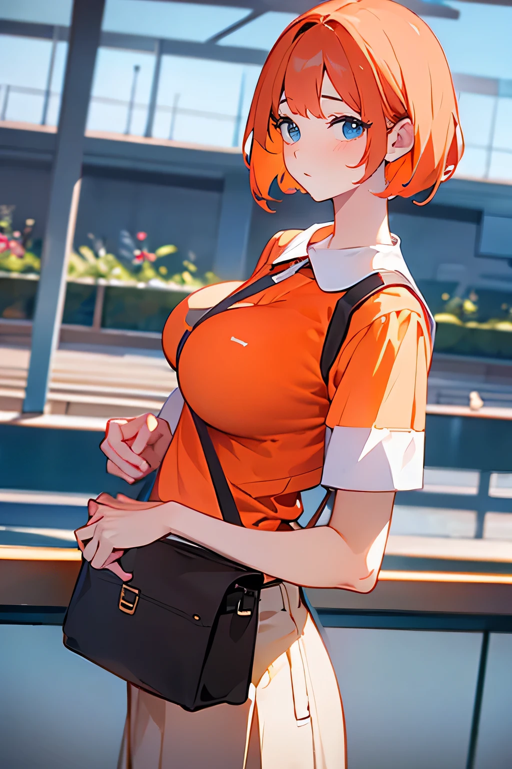 best quality 、8k、 super high definition 、Masterpiece、 professional lighting 、Clear photo、 realistic pictures (1 cute Korean actress ) Reverse Hair, light makeup, The chest size is large , At the station, anatomically correct body 、 big breasted 、 very slim、Delicate body:1.4、 Thin Waist 、 short bob from a general trading company、 tea hair、 She's wearing a tight orange polo shirt:1.8、 Please carry a black shoulder bag over your shoulder :1.6、Wear a shoulder bag diagonally:1.8、