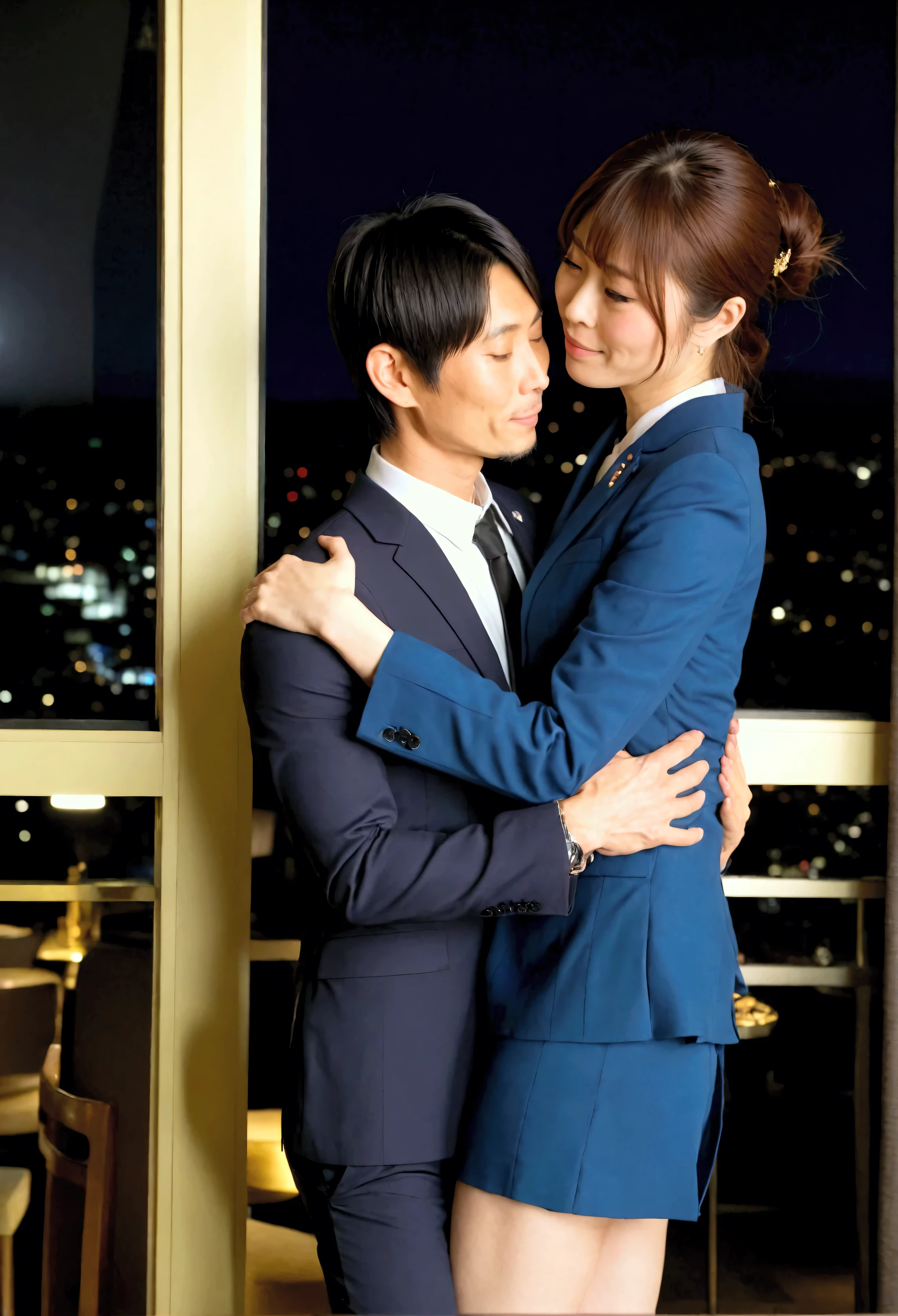 score_9, score_8_up, score_7_up, source_anime, 1boy, 1girl, mature female is smiling, mother and son, ???, son's back against the wall, in a kitchen, ass grab, night time, business suit, kissing gently