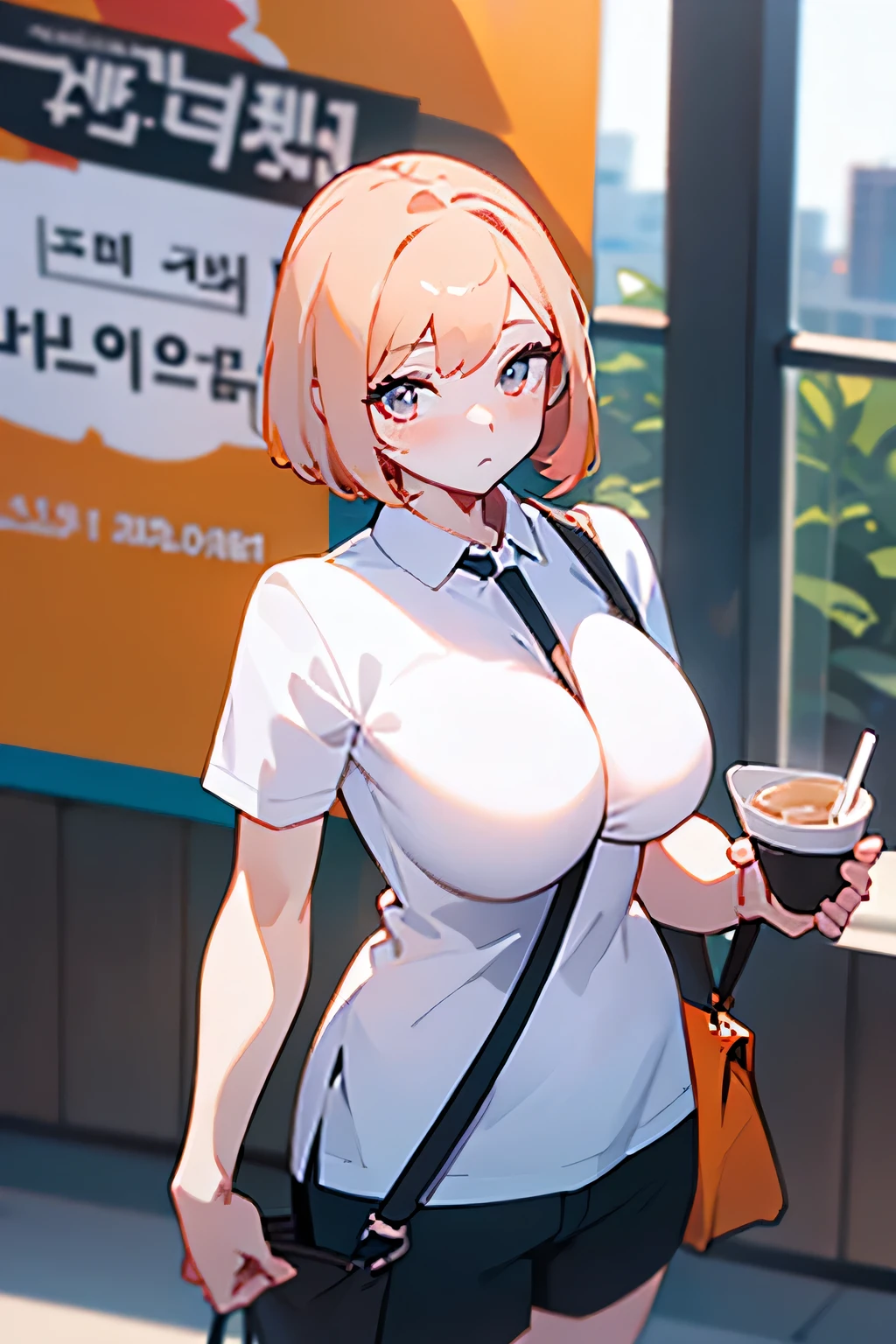 best quality 、8k、 super high definition 、Masterpiece、 professional lighting 、Clear photo、 realistic pictures (1 cute Korean actress ) Reverse Hair, light makeup, The chest size is large , At the station, anatomically correct body 、 big breasted 、 very slim、Delicate body:1.4、 Thin Waist 、 short bob from a general trading company、 tea hair、 She's wearing a tight orange polo shirt:1.8、 Please carry a black shoulder bag over your shoulder :1.6、Wear a shoulder bag diagonally:1.8、