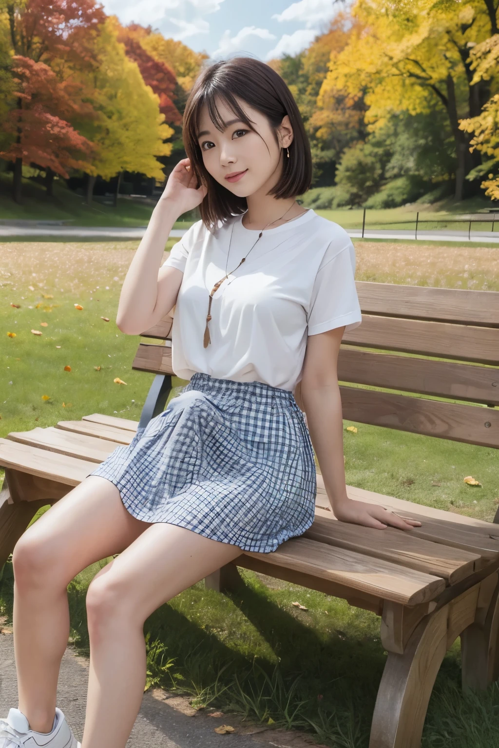 (masterpiece), cat girl, Light blue denim skirt, A white shirt with short sleeves, smiling, sitting, garden,