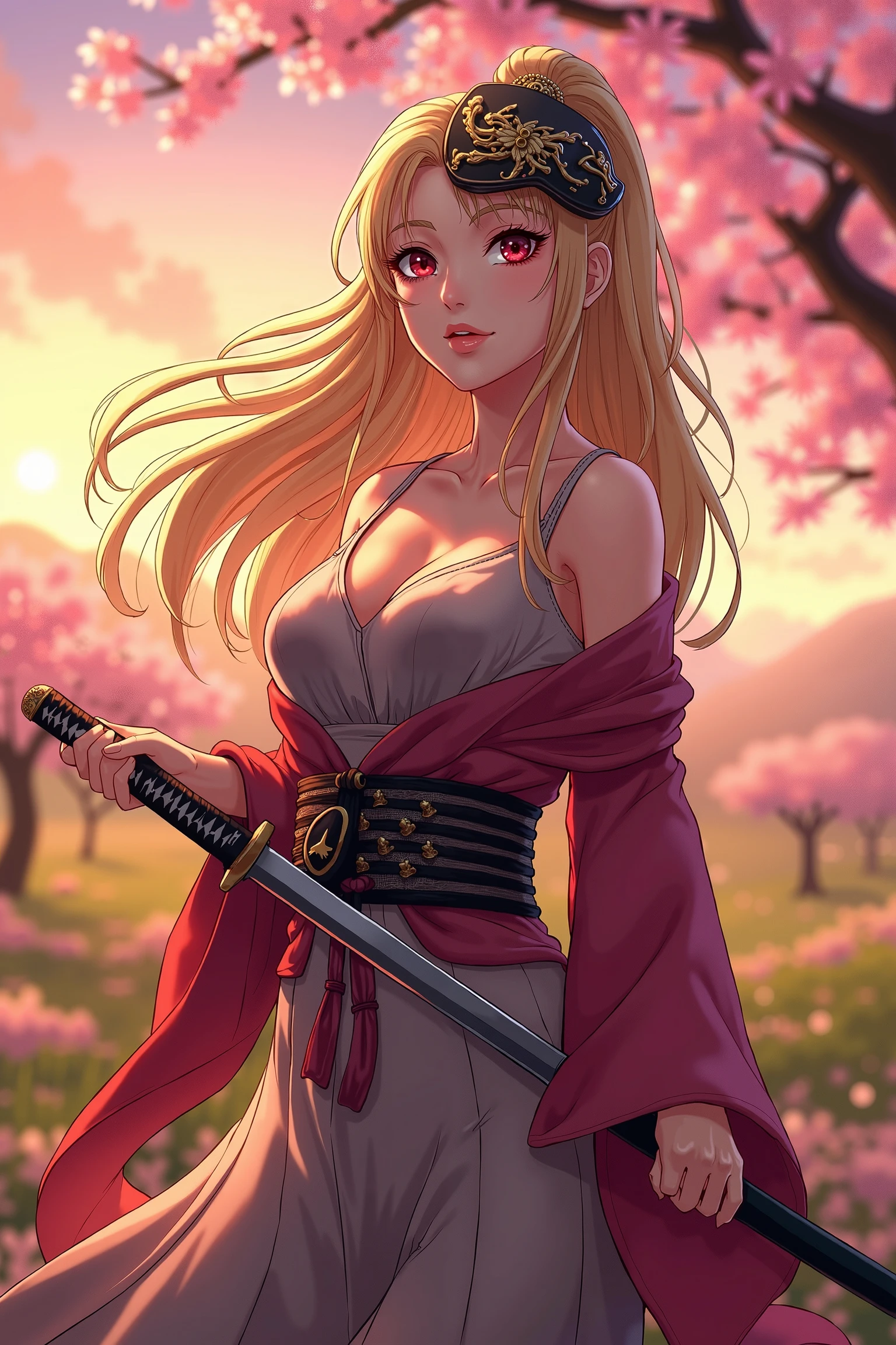 Anime girl with sword in a field of flowers - SeaArt AI