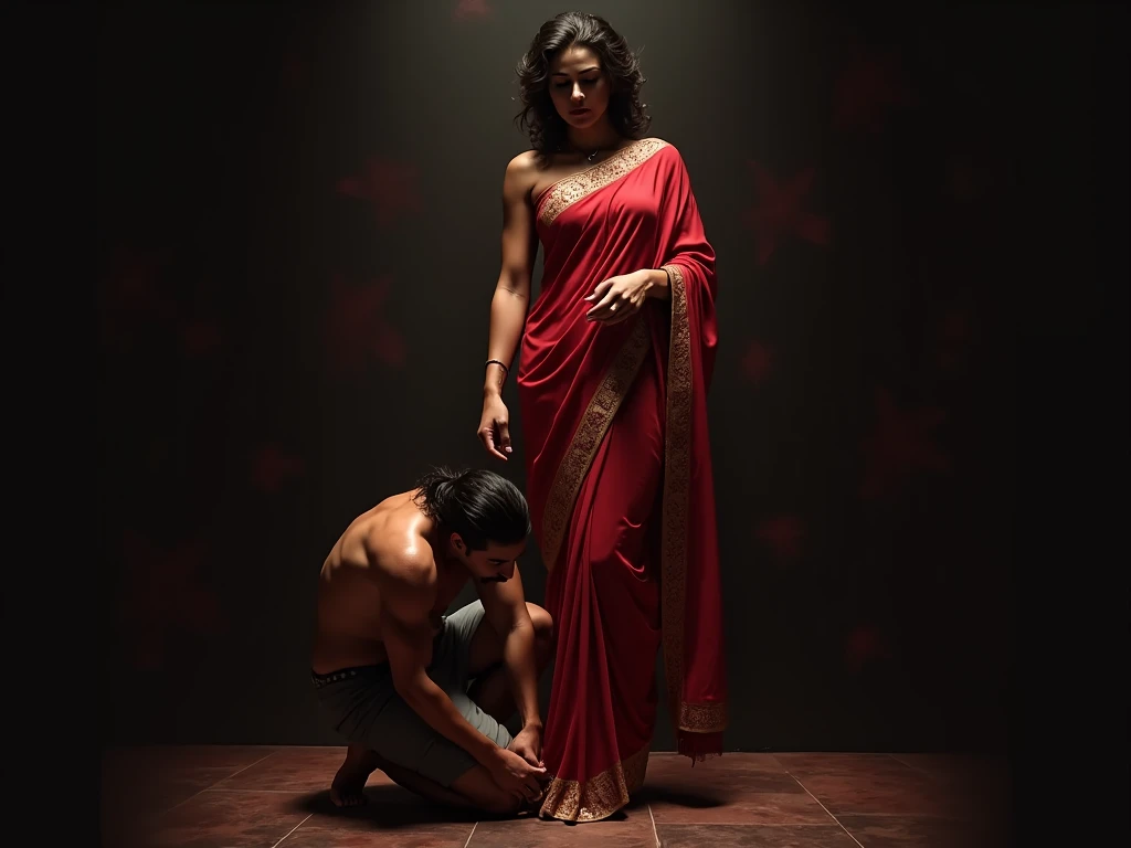 Beautiful and Slim sensual Indian woman in a dark pink silk saree lifting piggyback a large chubby man above her shoulders, man is sitting on woman's shoulders, in a red light room with high ceiling, natural smile, woman is looking into the camera , she is holding his hands, full body image 