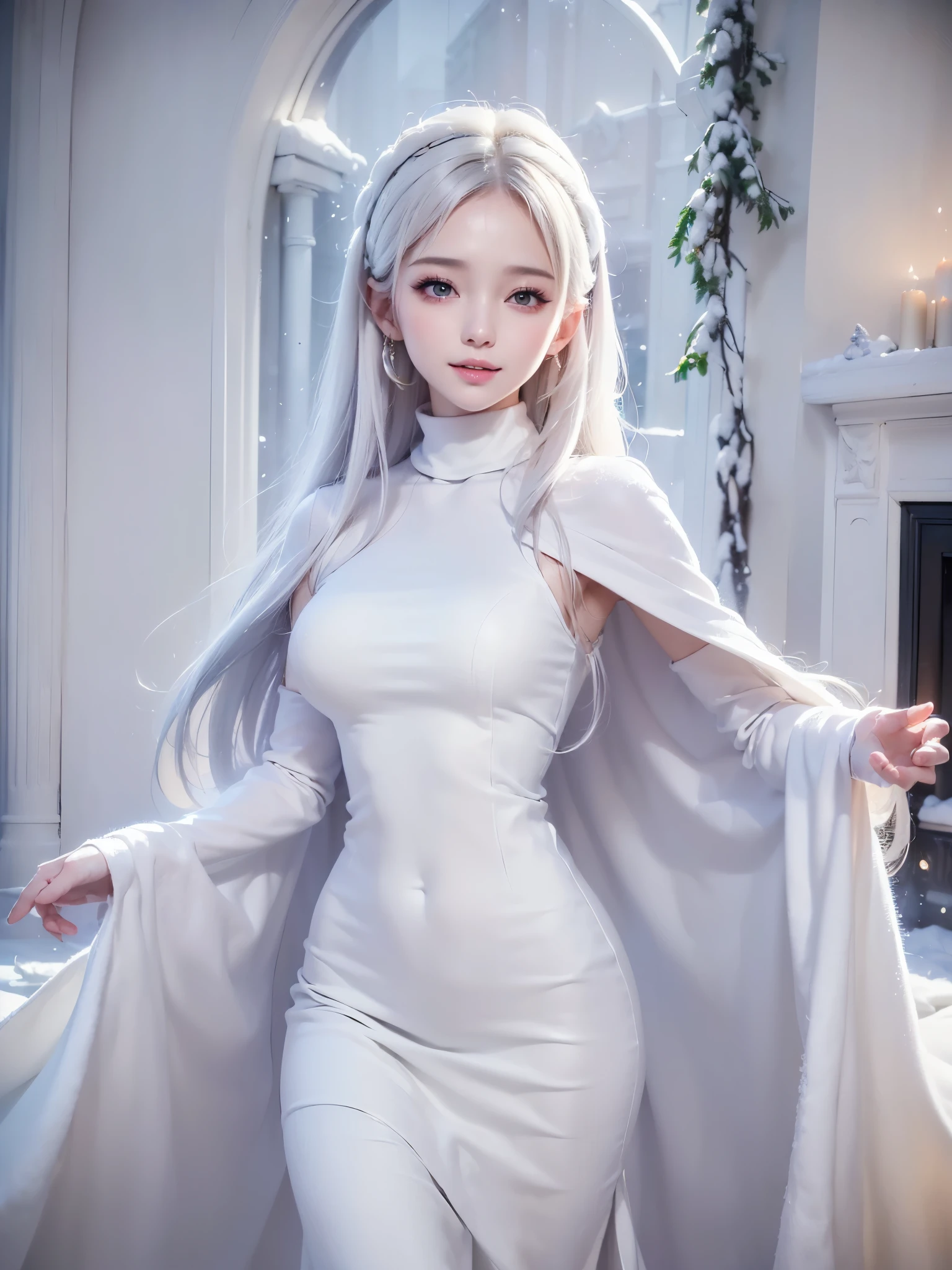 ((masterpiece:1.5、8k、Portraiture、Photorealistic and very detailed CG、Very detailed、Particle Effects、Dynamic Effects、Written boundary depth、Cinematic Light、Lens flare、Ray Tracing、Tabletop、 realistic :1.4、Ultra-high resolution:1.2))((alone、winter girl、Turtleneck sweater,No sleeve, shoulders, Long skirt, Taking off her fur coat. Detailed face、brightexpression、young, bright, Whiter skin、Medium chest、Side bust, Best Looks、Ultimate beauty、white straight hair)(indoors、fireplace)
