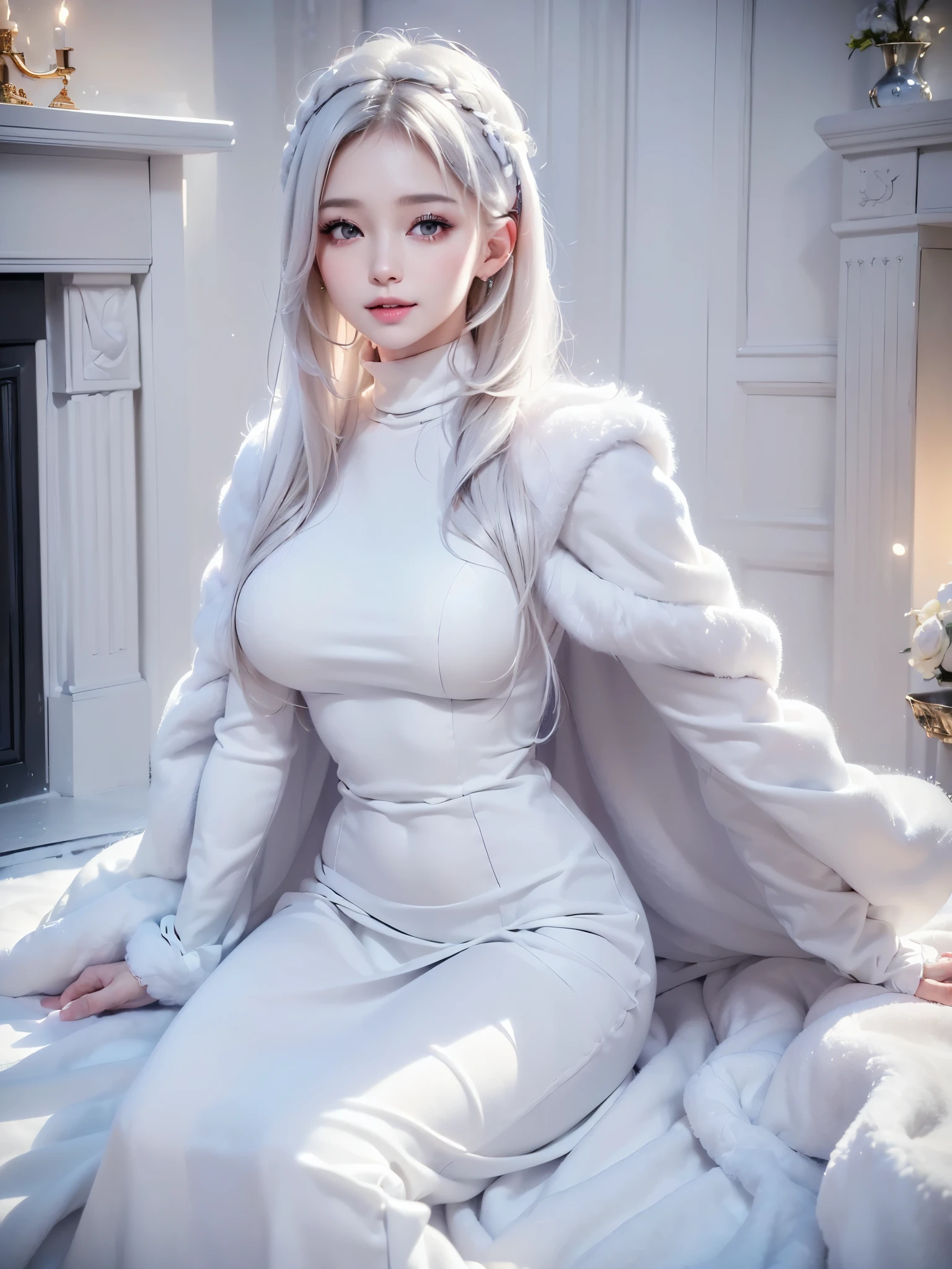 ((masterpiece:1.5、8k、Portraiture、Photorealistic and very detailed CG、Very detailed、Particle Effects、Dynamic Effects、Written boundary depth、Cinematic Light、Lens flare、Ray Tracing、Tabletop、 realistic :1.4、Ultra-high resolution:1.2))((alone、winter girl、Turtleneck sweater,No sleeve, shoulders, Long skirt, Taking off her fur coat. Detailed face、brightexpression、young, bright, Whiter skin、Medium chest、Side bust, Best Looks、Ultimate beauty、white straight hair)(indoors、fireplace)
