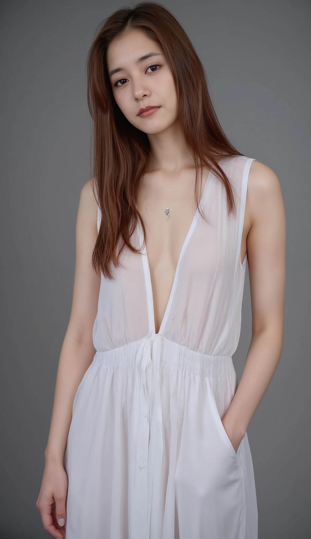 Fuji color,Film grain (immersive atmosphere, chiaroscuro:1.5,bright light:1.2, luminous lighting) ,(background blur:1.5),blurring best quality, highres,8k, masterpiece, a girl,22 years old,long hair, delicate dress,photography, (real skin texture:1:3), (slender figure:1:1),bright lips ,indoor white background