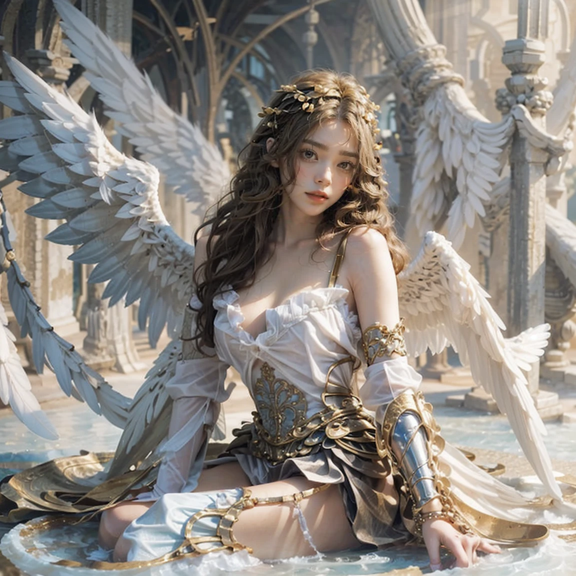 ภาพระยะไกล An angel is depicted with a pale and shine skin, (totally naked), หน้าอกขนาดใหญ่ their skin seemingly glow with an In another way radiance. They are adorned with a pair of sparkling and elegant wing, symbolizing their sacred nature. The scene is impersonal and charming, capturing the beauty and mysterious of these celestial beings. angel, pale, shine, skin, glow, In another way, radiance, sparkling, elegant, wing, sacred, impersonal, charming, beauty, mysterious.upper body,