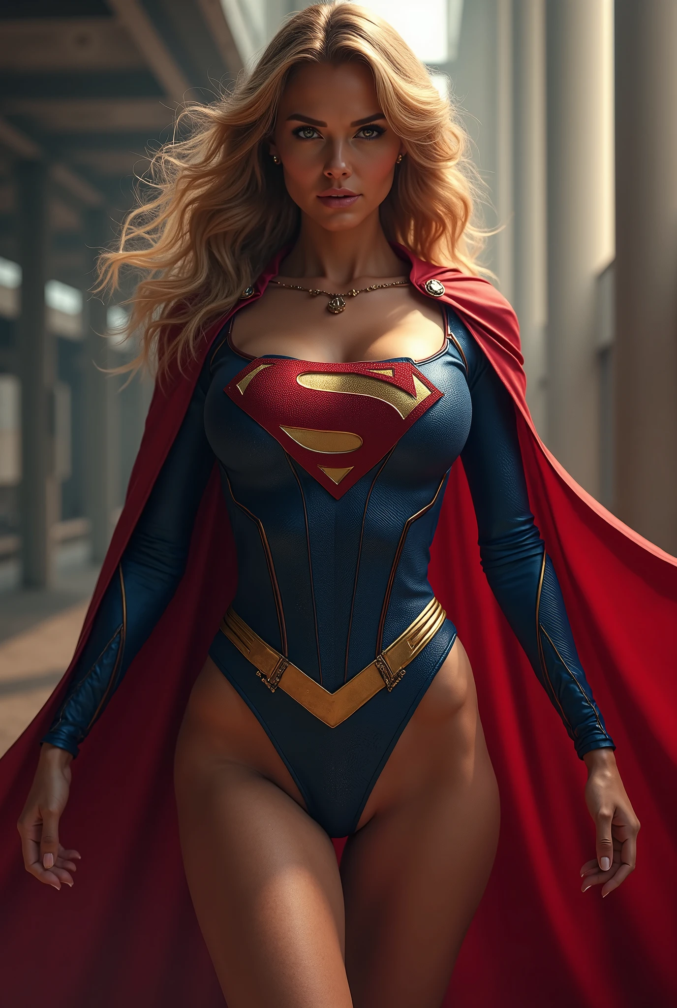 Supergirl, Very detailed, rosto detalhado, Perfect and symmetrical body proportions, 4k, imagem ultra realista, super sexy, plus size with symmetrical and perfect body, peitos grandes, seios grandes, com decote, Cabelos Longos, cinematographic scene, great lighting, cabelos amarelos, Foto real, foto de dia, foto de 38 anos, cabelos amarelos, Cinematic city in the background,  buda viusível.