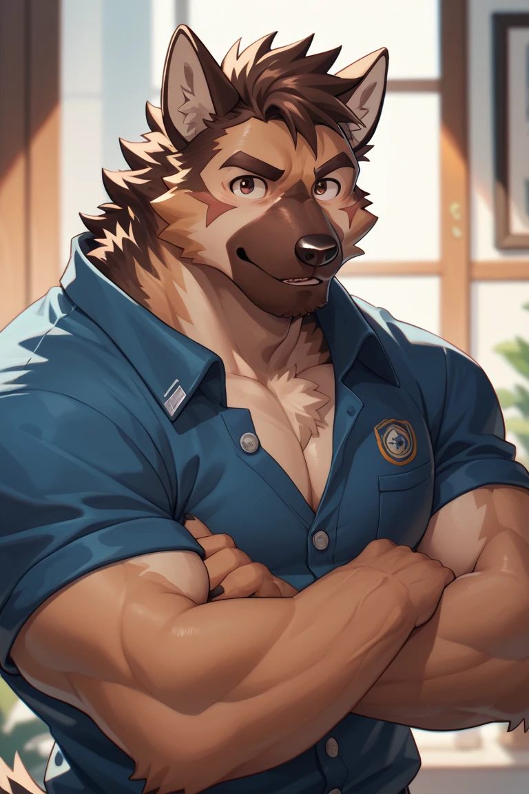 Muscular anthropomorphic wolf, in his 30s, wering tshirt and shorts, Perfect detailed features, comic realism, 2D, Hand drawn, manga style, comic style, drawing, big wolf, handsome, sparkling light, rugged, looking at camera, comic style