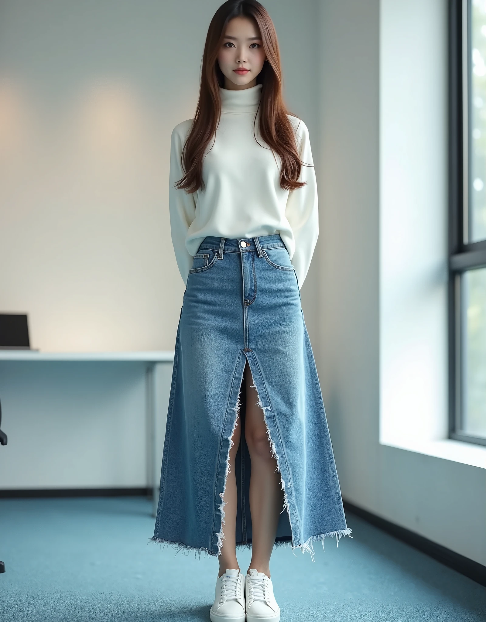 Full body shot of 1 beautiful woman, adult, large body, voluptuous woman, (very long straight hair),( brunette hair), outlined eyelids, made-up eyelids, turtleneck sweater, scarf, neckline, (blue mini denim skirt), tempting , dreaming, curvy hourglass figure, oppai proportion, tight skirt , tall, tall, long legs