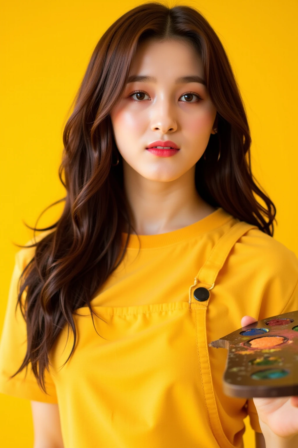 a woman with a colorful shirt and earrings on a yellow background, a picture inspired by Yanjun Cheng, trending on cg society, neo-dada, with long hair, portrait of female korean idol, melon seeds face, color portrait, close - up studio photo, high quality portrait