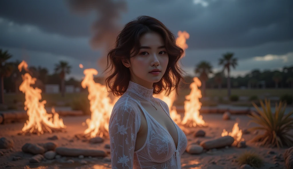 "Illustrate Smolder from League of Legends by Riot Games, reimagined as a female, in her Ashen skin, featuring her charred, ash-themed armor with smoldering embers and soot-covered skin, having massive k-cups:1.55, (no having clothes: 1.77). She's in a post-apocalyptic landscape with ruins and ash-covered ground, in an attractive pose, creating a swirling vortex of ash."