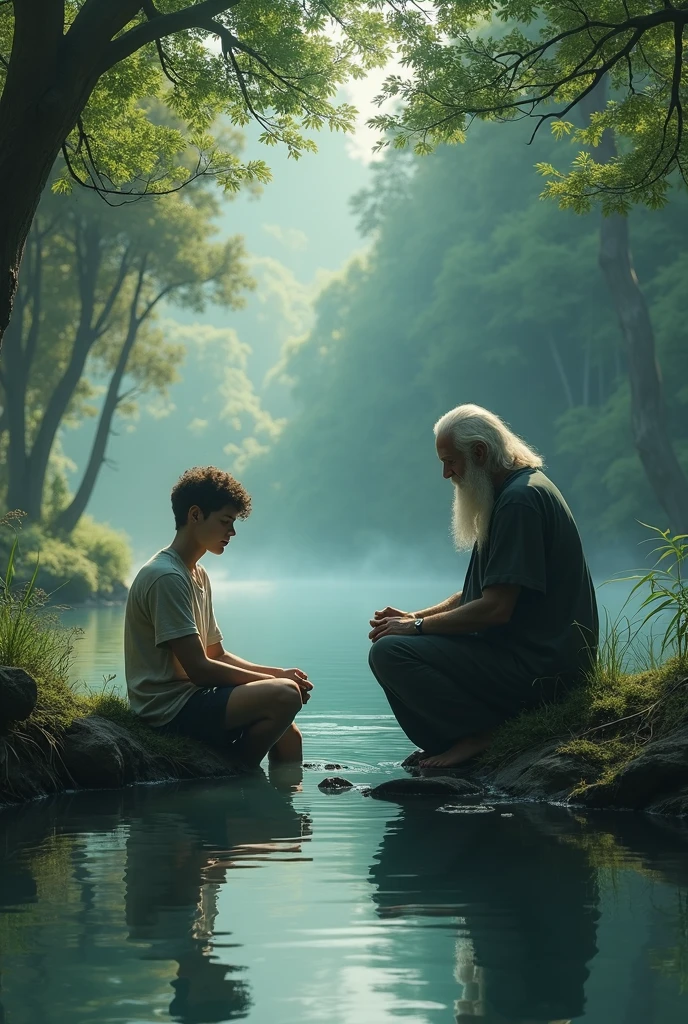 The Sage Speaking: The sage sitting with elder boy , telling the story by the lakeside.