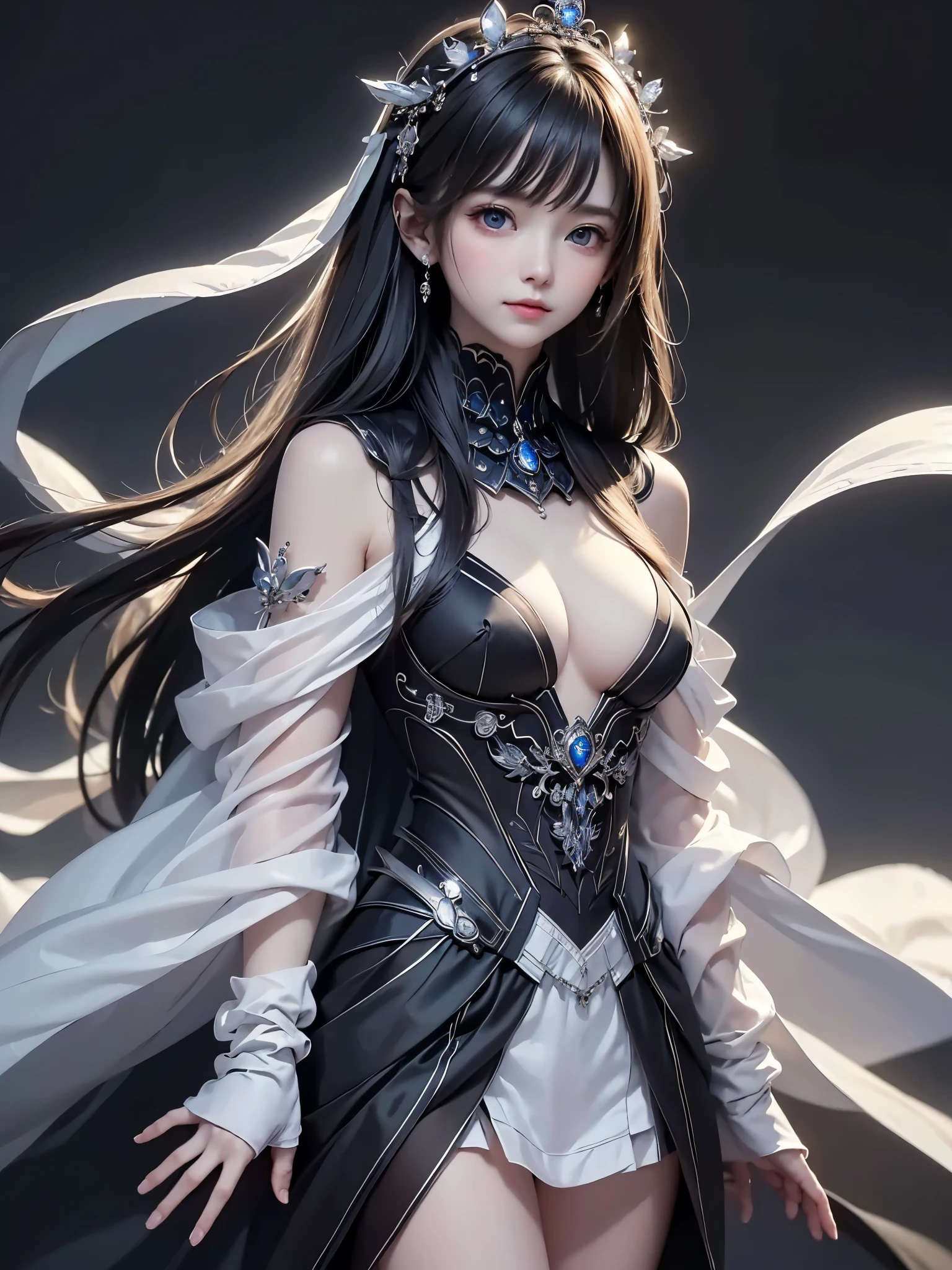 、masterpiece:1.5, bestquality, RAW photos , 16K wallpaper , Highly Detailed CG,wonderful, super detailed, 1girl, classic girl, classic, Mechanical decoration、A face with cold beauty、Cold Face、Beautiful shoulders、Solemn atmosphere、small breasts, beautiful eyes, Heavy cloak、Spread your arms、backlighting. monochrome.