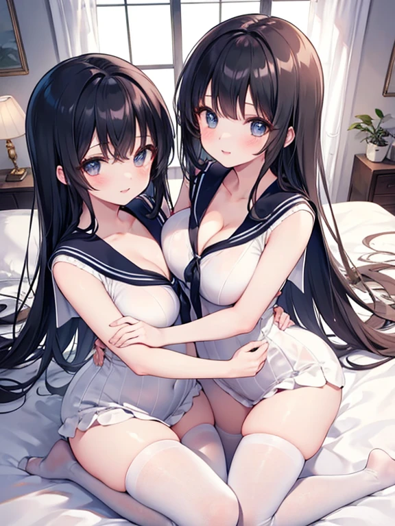 highest quality,wonderful,finely,extremely detailed CG Unity 8K wallpaper, (Stand in line:1.2), (3 girls, cute eyes, Black Hair, side ponytail, clothed), (sparkling eyes:1.2), (huge breasts:1.6), (wariza:1.4), (cleavage), (open mouth:1.1), (long tongue:1.1), (mouth drool:1.1), (black stockings:1.1),(Thighs:1.2),(Waistline:1.1),(Waistline), (From above:1.4)