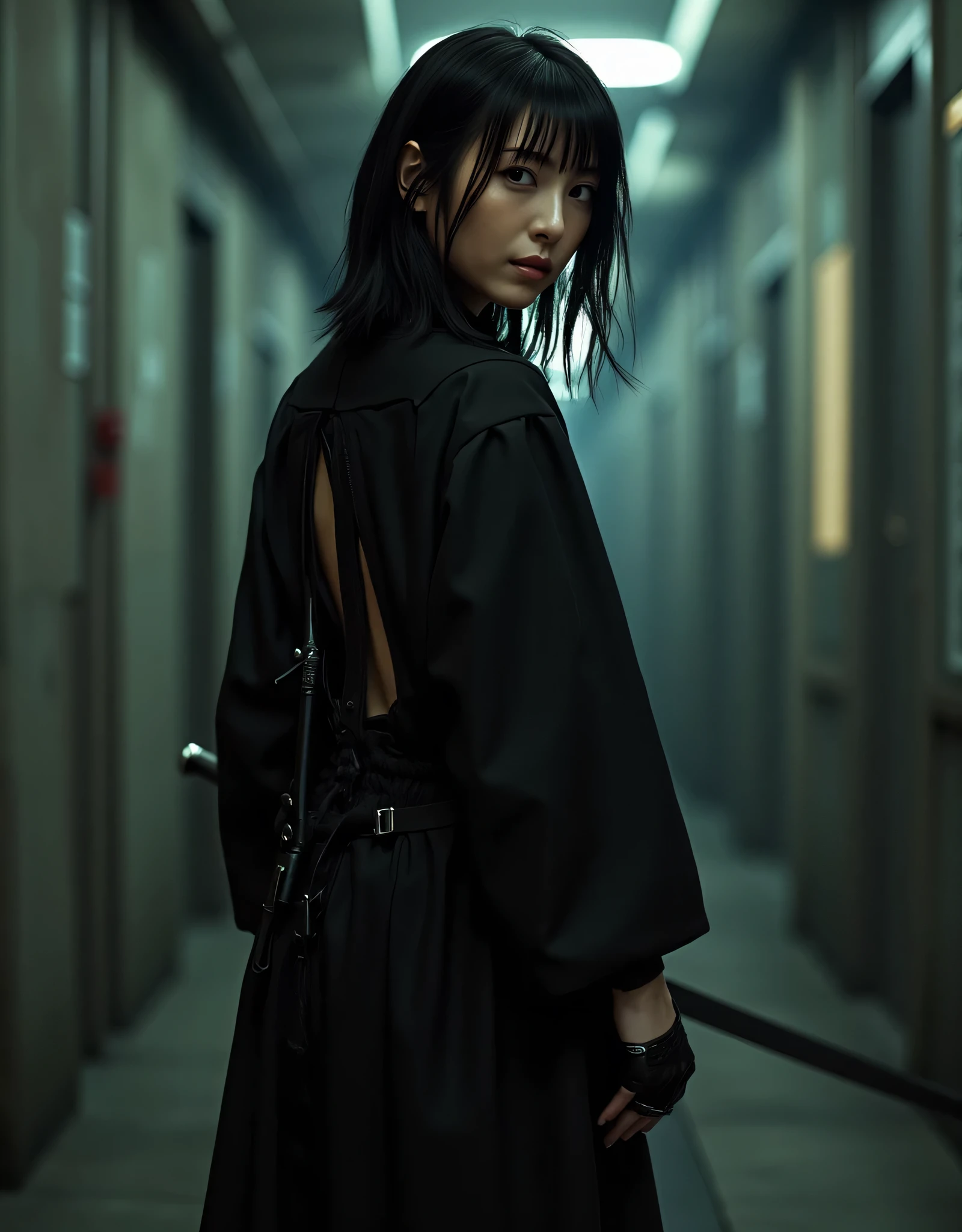 (( Look Back and Look at the Camera:1.5)),(Rear View:1.5),((Look back over your shoulder:1.5)),(((Hold a cyberpunk-style Japanese sword:2.0))),((whole body:2.0)), one woman,( cute face),(Beautiful well-balanced face ),( natural big breasted :1.5),( black hair:1.5),( beautiful eyes:1.3),Glamorous shot of a 20 year old Japanese woman , Slender Beautiful Body ,( model body type:1.3),(Slim body:1.3), perfect body line, Ideal Proportions ,( big breasts:1.5),Bare thighs,Voluptuous thighs, delicate body,( Shrimp),A harmonious posture,(Beautiful ass:2.0),(( cute ass:2.0)), ((((Bare ass :2.0)))),((( T-back :2.0))),(Realistic breast depiction ), carefully depicts limbs based on perfect anatomy,((Wear a samurai kimono-style military coat with an open front over a black super high-leg leotard :2.0,((Ultra high-leg leotard made of form-fitting camy-like latex:1.5)),((A samurai kimono-style military jacket with an open front over a leotard:1.5)),(ear monitor:1.5),((Tactical Holster:1.5)),( gloves:1.3), concept art ,((( HR Giger style cyberpunk atmosphere:2.0))),( best quality :1.5),(masterpiece:1.5),(Super high resolution),resolution,UHD,( Delicate Depiction), carefully drawn with butterfly wings ,32K,(( realistic skin texture:1.5)),((( Ultra Realistic:1.5))),Draw eyelashes carefully, very detailed face,Highly detailed female hand,Sexy appearance,Very sensual,(((The dark interior of the Nostromo ship :2.0))),(Blurry Dim Backgrounds :1.5), chicken,( movie lights:2.0),((Blade Runner Style Light :2.0))