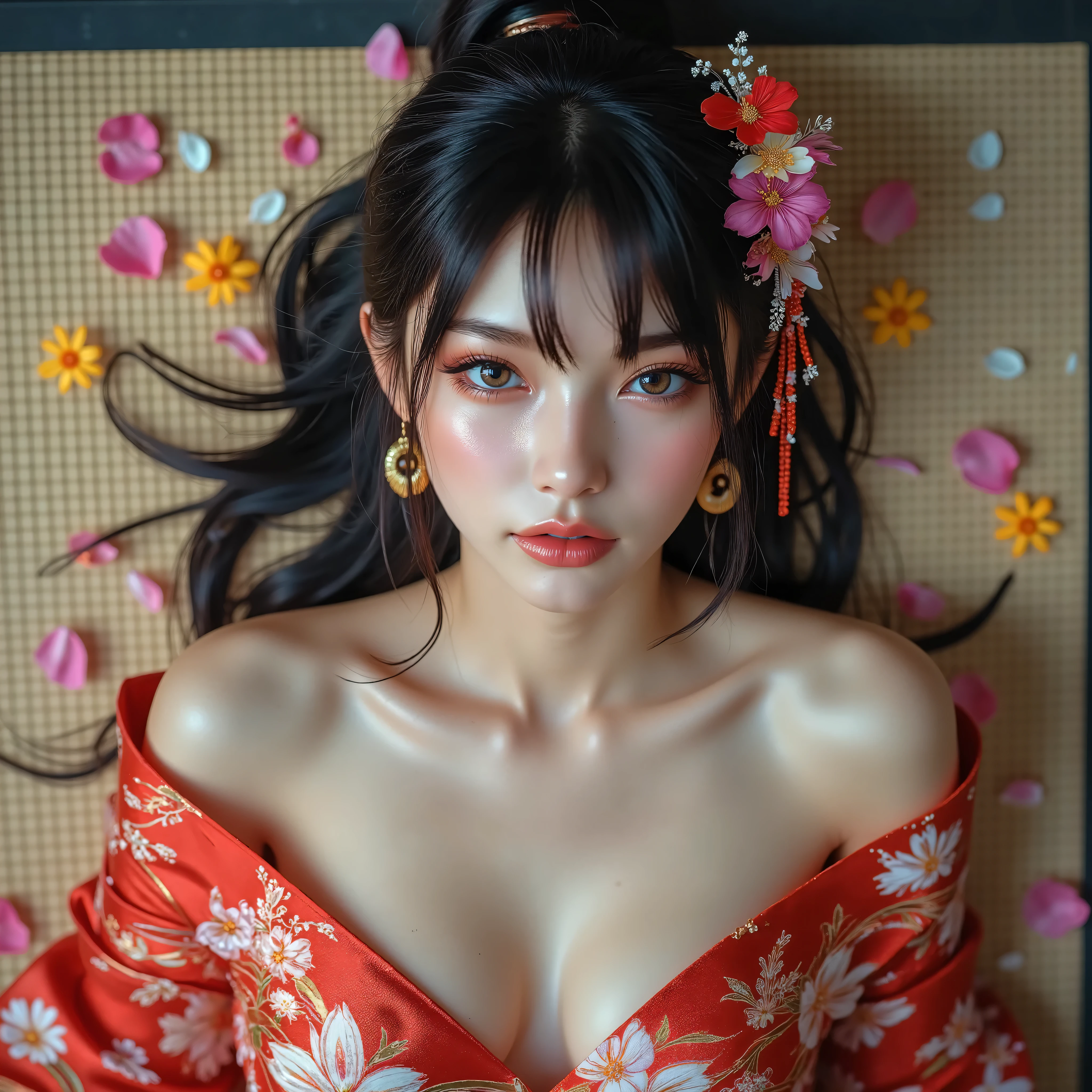 (Canon), (EOS R5), (50mm), (( Photo realistic :1.5)), (No lens flare :1.5), (超 high resolution), (masterpiece), accurate, ( realistic な質感の肌), more details, high detail, High Quality , Award-winning work , 最 High Quality , 32K, is written in depth, digital camera, Award-winning glamour photo , professional writing , ((最 High Quality :1.5)), ((masterpiece:1.5)), (( realistic )), high resolution, (とても美しくて可愛い1 personの日本人女性), ((Aerial view from above :1.5)), (( upper body shot lying on your back from head to knee :1.5)), (((lie on your back:1.9))), ((( Take a picture of your upper body lying on your back with your back on tatami mat and your face and chest facing up:1.8))), ((A half-naked Japanese woman wearing a Japanese kimono)), ((Lying on your back on a beautiful tatami mat in a Japanese-style room :1.5)), ((Lie on your back with your face and chest up :1.5)), ((( wearing only Japanese kimonos , no underwear, no shoulder straps , semi-nude:1.5))), ((( The front of the kimono is wide open to show the cleavage between the shoulders and bust :1.8))), (1 person), ((Beautiful and cute, 18 year old Japanese)), (( very cute high school girl with a good shape )), ( beautiful black hair ponytail), Very beautiful and sexy, Fascinating Beauty , seductive pose , Height: 160cm, slim figure, Beautifully shaped bust , D Cup, (A very cute, cheerful smile:1.5), (alone:1.5), ( brown eyes:1.9), ( Detailed depiction of extremely realistic skin ), (Highly detailed, realistic eyes:1.9), (Very beautiful, Long, realistic eyelashes), (Highly detailed, realistic eyebrows), (丸い brown eyes :1.8), ( beautiful catchlight on the eyes), (Realistic lips with moisture ), ( white realistic teeth arranged neatly), ( Beautiful and Detailed Face :1.6), (Hourglass body shape:1.6), (Wasp waist :1.5), ( Perfectly round and beautifully shaped bust :1.8), ( clearly contoured cheekbones :1.5), ( perfect style body :1.8), (Healthy body :1.8), (Narrow shoulders:1.9), ( staring at viewers ), ( seductive gaze ), (Beautiful, natural-looking hands), (Beautiful pink nails of perfect length), ( show your hands as little as possible ), ( very cute smile:1.1), (Waist, I can see my stomach:1.4), Intricate and detailed, colorful depiction , ((A beautiful and pretty red Japanese kimono with an orchid-like floral pattern:1.5)), (( The kimono is large and the shoulders and chest are quite exposed :1.3)), ((( off shoulder:1.8))), ((A beautiful red Japanese kimono with a beautiful flower pattern )), ((Kimono with a flower pattern on red fabric)), ((I can't show my feet)), Flower Hairpin, (Ikebana can be seen behind it ), extremely sexy sensual body , , like々 Sensual elegance, Sexy Body, Sexy appearance, Lying on the tatami mat in a Japanese-style room, shot taken from directly above, ( Beautiful pink, yellow, and white petals are scattered on tatami mats), Japanese style hairpin, Japanese Style Hair Ornament, A gentle-looking face, Thin Waist , ( Beautiful cleavage of the bust can be seen quite a bit ), ((I can't show my feet)), blur the background , Illuminate the face, dynamic pose, beautiful body line , Beautiful, realistic skin , Art Photography, beautiful soft lighting ,