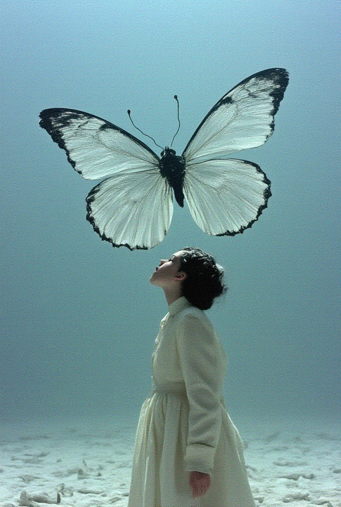 Mengli , winter, female model , giant snowflakes towering behind, luminous snow butterflies floating in the air , winterの荒野, A strange space where light is reflected , Another World, dreamy surrealism