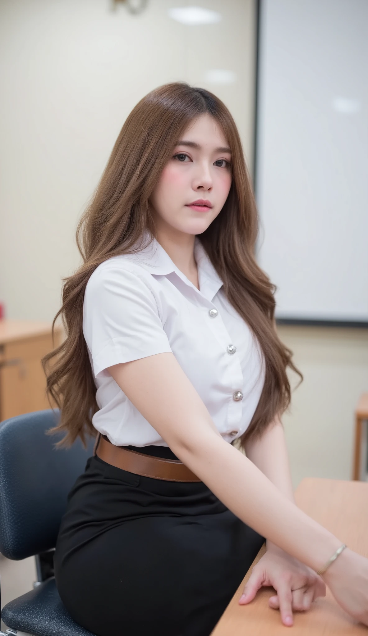 This high-quality photograph captures full body of a beautiful asia woman 20 years old with long, wavy brown hair and light skin, looking away, She is dressed in a short sleeve white shirt,brown belt, short pencil black skirt, black high heels shoes. cleavagge slip, She sitting at lecture room. The background is slightly blurred, drawing focus to the subject. The lighting appears natural. The composition uses the rule of thirds, with the subject centered.