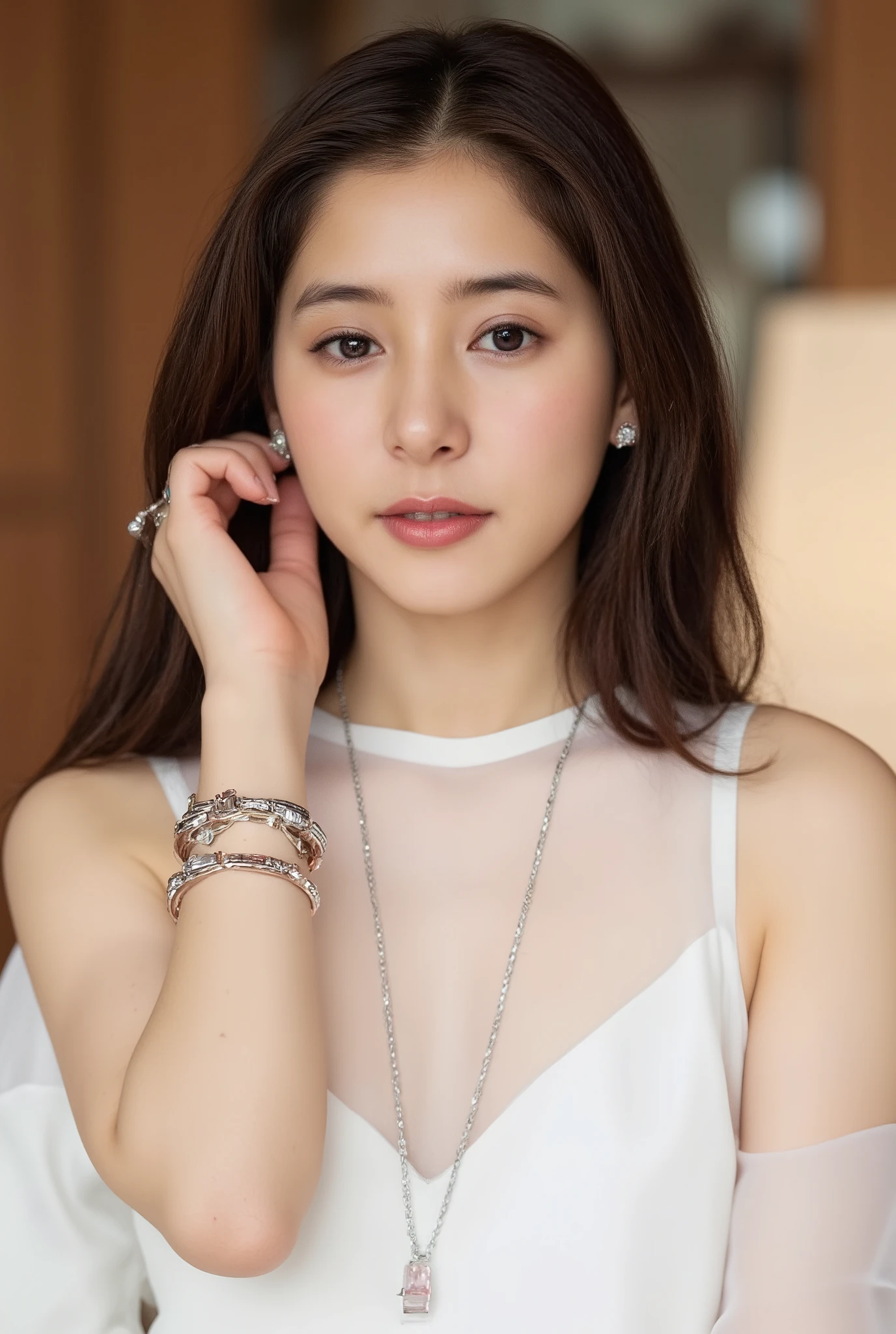 The high resolution photograph of a young beautiful Japanese woman with long hair, wearing sleeveless transparent white dress, covered nipples, an elegant lady, necklace, earrings, bracelet, rings, gem, jewelry,, masterpiece, amazing quality, photo-realistic, medium full shot, sharp focus, professional lighting, studio lighting, dslr, film grain, light reflections,,, detailed face, detailed eyes, detailed hair, detailed skin, pale skin, skin pores, skin fuzz, blood vessels in sclera, beauty spots, ,, high society, indoors, gorgeous room, luxury hotel, intricate details, 8k,