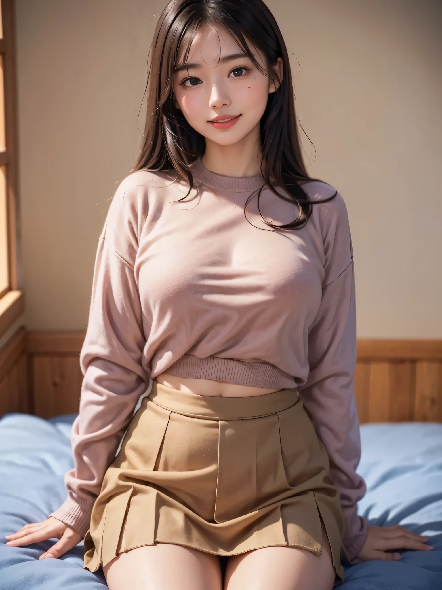 (masterpiece, more details, Mejor calidad, Clear focus, super high definition, 8k, perfect anatomy, perfect face, ( detailed), (detallado ojo ), an アニメ風 young woman with a confident and playful expression. Her hair is beautiful、 she has impressive big eyes, Slightly blushed cheeks , And a bright smile、In a concrete room 、 school uniform, I'm wearing a tight brown knitted sweater. mini skirt