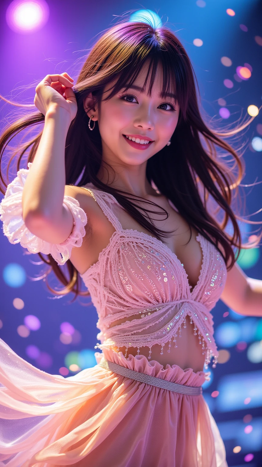 Pink cloth and smiling mouth dancing on stage like a K-Pop idol. Soft gradient, 3D, glow, Pixar style --style raw --ar 16:9 --v 6.0 --s 750、Big breasts, huge breasts, cleavage, wet,