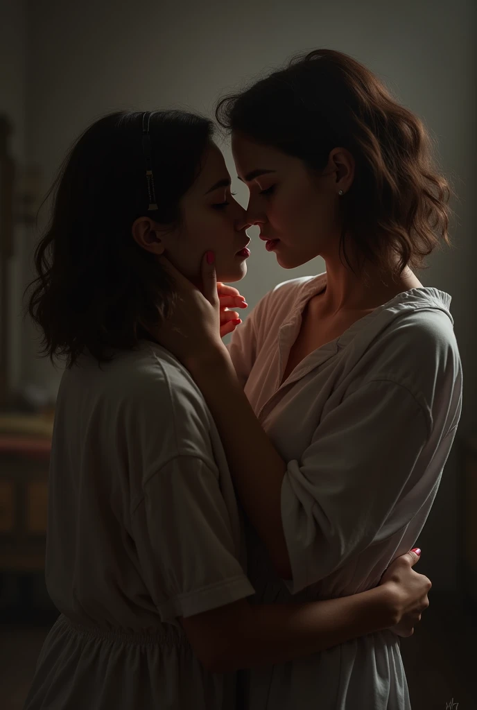 (Best-quality, Masterpiece, Ultra-High-Resolution, (Photorealistic:1.4), Raw Photo, depth of field, professional lighting, perfect anatomy, extremely details), couple aged 15, kissing intensely, (((in dark room))), Lips violently touching each other, dim light of lamp illuminating only faces, very romantic mood, both wearing simple pajamas, both have extremely beautiful hair
