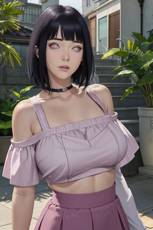 (masterpiece, best quality), 1girl,  beautiful face,  shiranui mai \(cosplay\) (komi shuuko), (purple short hair), (purple eyes), (large breasts), outside background 