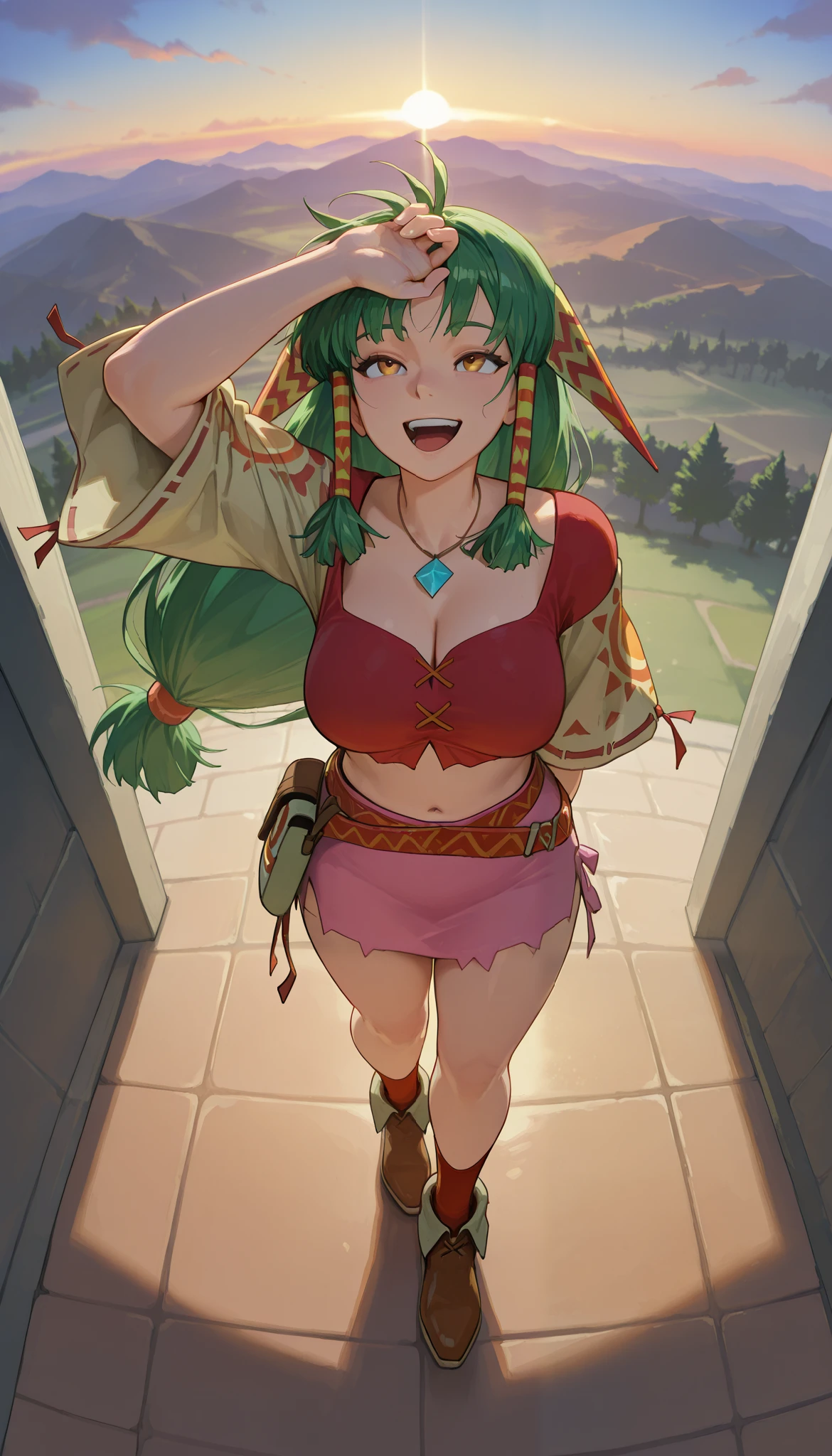 26 yo, face look alike to feena from \(Grandia\), Beautiful Mature young milf, (mature woman with lean perfection abdomen), breathless - amazed expression, large natural breasts, Curvy body, (1hand on forehead seeing far ahead beyond the horizon eagerly and high-spiritedly - standing on End of The World in fantasy classic Grandia settings), bronze brown colred decorated ground, (ps: End of the World is term in Grandia world for a bronze colored blocks after blocks that is build as far as the sky can touch, on each sides lays different world down there with different forest and ancient forest, standing eagerly, eyes open watching downcast excitingly, laughing in amazement eyes watching downcast, exploration scene, beautiful sunset, twilight,dusk, solo, 1girl, BREAK, She wears an orange bra top that leaves her abdomen exposed, paired with a short pink skirt held up by a thin red belt. Covering her arms is a tan-colored shawl adorned with red patterns on both sleeves. Her long green hair flows down her back, with some sections tied through two patterned hair accessories. She completes her ensemble with ripped red socks that extend past her knees and brown shoes featuring tribal patterns similar to those on her belt and shawl, official arts, (dynamic jrpg top birds-eye view), fantastic fantasy vibrant background, standing on top the tallest brown colored ancient bronze-like mountain-like blocks cubes bronze brown colored - very very high in the sky, brown colored tile under her feet, jrpg fantasy sceneries, wide horizon shot, (dynamic fullbody top view), asymetric breathtaking sceneries view, birds eye view, cinematic dynamic angles, fisheye lens,