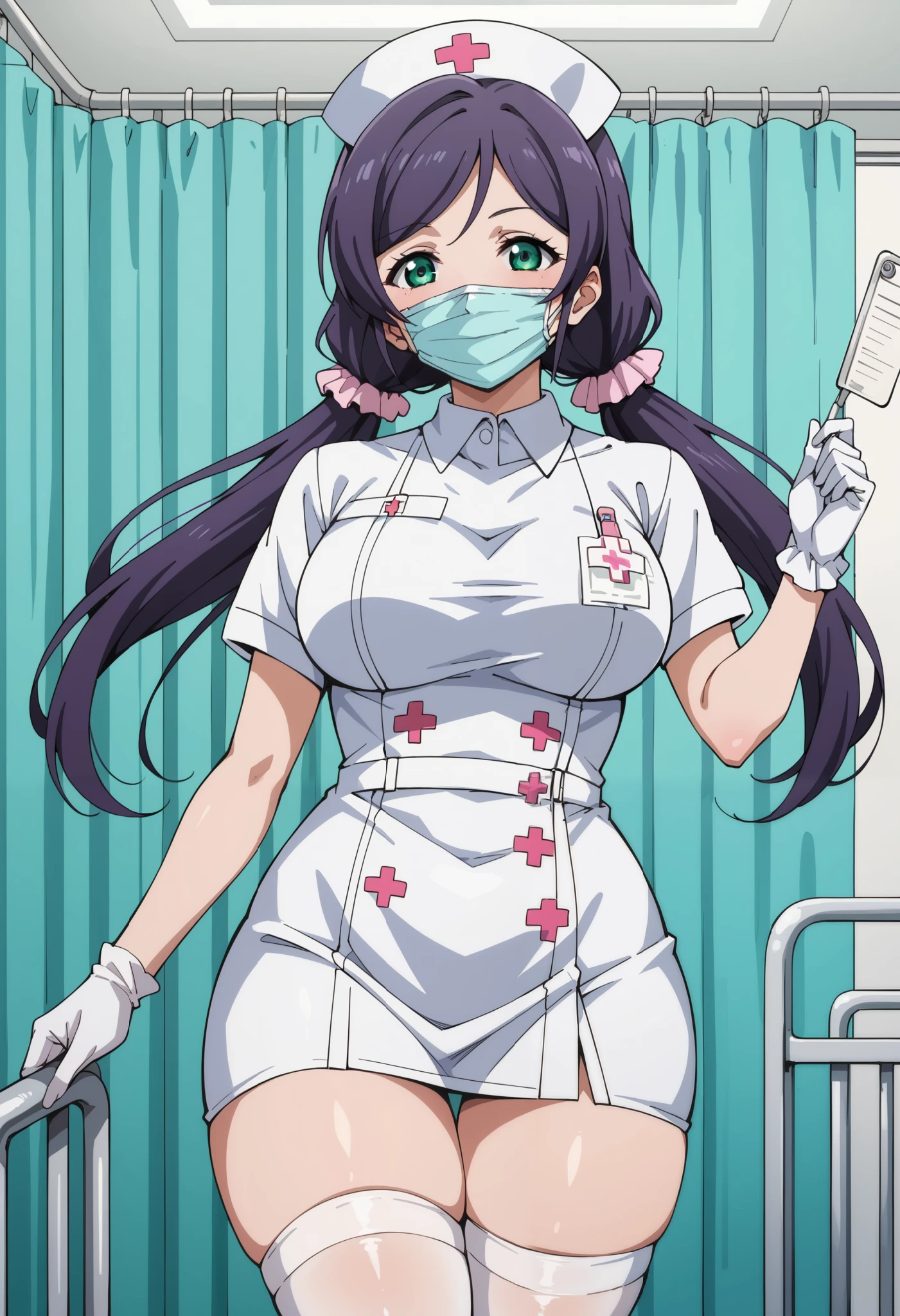 score_9, score_8_up, score_7_up, source_anime, nozomi toujou, green eyes, purple hair, twintails, low twintails, scrunchie, large breasts, thick thighs, (best quality), (high quality), {masterpiece}, extremely delicate and beautiful, ultra-detailed, beautiful detailed eyes, nurse, nurse hat, ((white nurse's outfit)), white gloves, white legwear, zettai ryouiki, hospital room, ((white surgical mask, covered nose)), standing