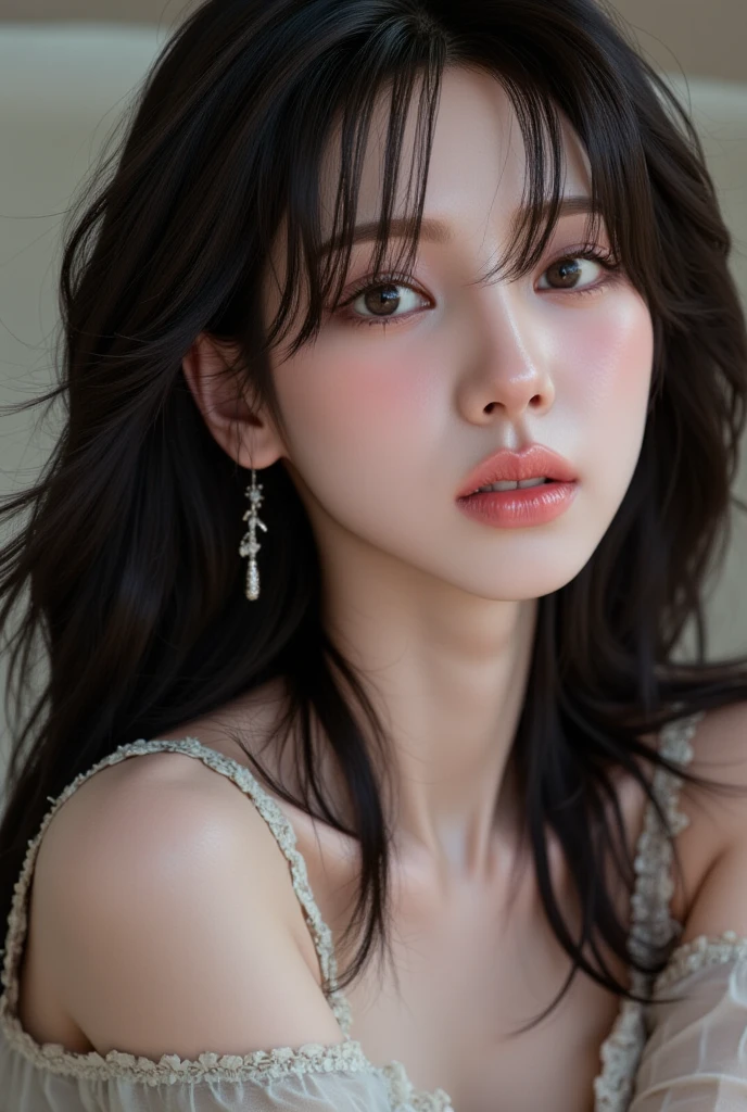 ulzzang -6500-v1.1, (Raw photo:1.2), (Photorealsitic), a beautiful detailed girl, (Real: 1.4), extremely detailed eye and face, beatiful detailed eyes, huge filesize, hight resolution, ighly detailed, top-quality, [​masterpiece:1.6], illustratio, ighly detailed, nffsw, finely detail, top-quality, 8k wallpaper, Cinematographic lighting, 1girl in, 17 age, perfect body type, Cute drooping eyes、Beautiful big eyes、Pieckfinger, ((masutepiece)), Best Quality, 1girl in, eye shadow, Upper body, Portrait,