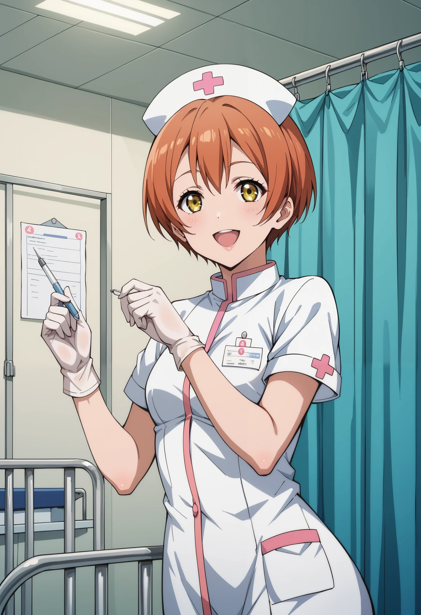 score_9, score_8_up, score_7_up, source_anime, rin hoshizora, short hair, yellow eyes, orange hair, pixie cut, small breasts, (best quality), (high quality), {masterpiece}, extremely delicate and beautiful, ultra-detailed, beautiful detailed eyes, nurse, nurse hat, ((white nurse's outfit)), white gloves, white legwear, zettai ryouiki, hospital room, smile, open mouth, standing
